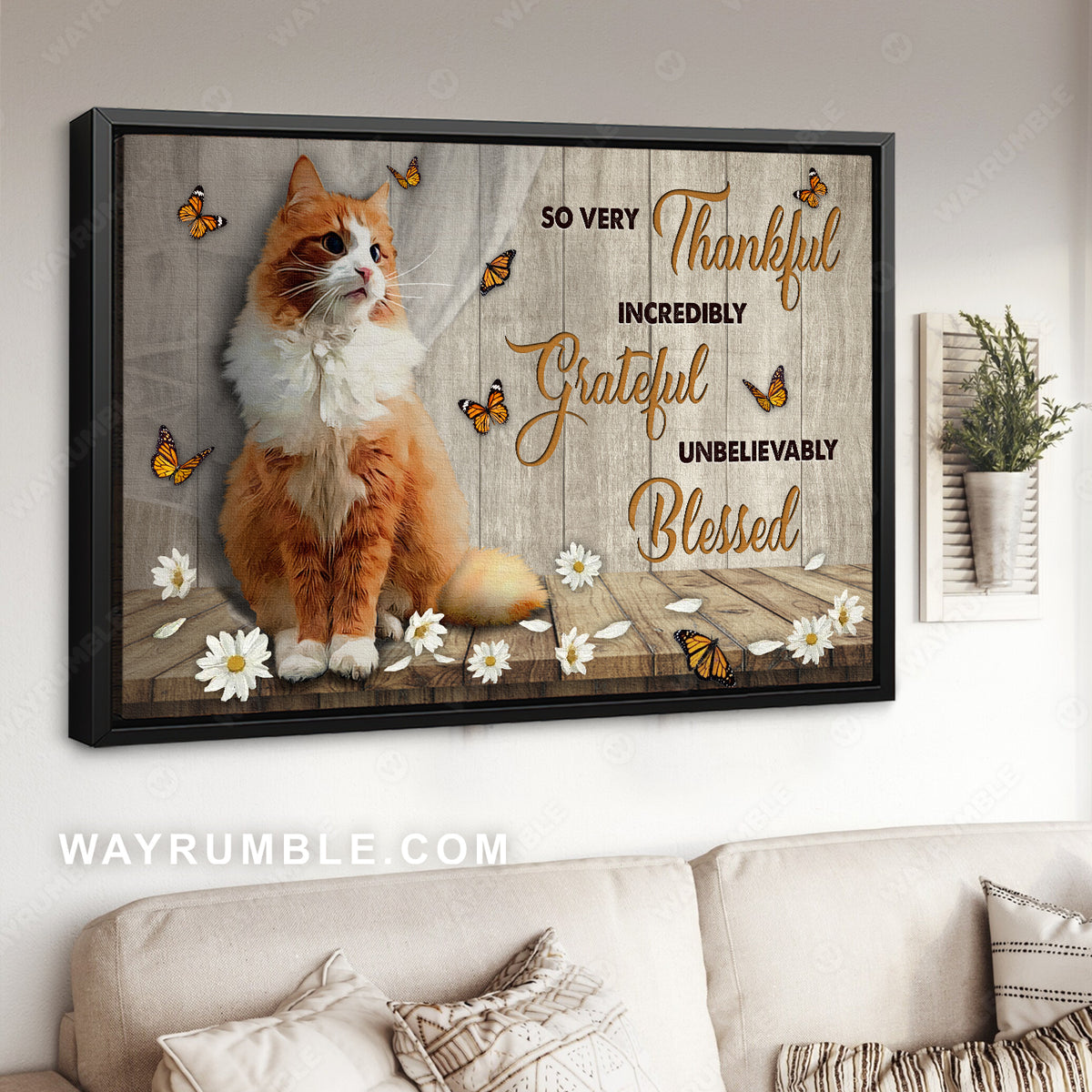 Beautiful cat, White daisy, Pretty butterfly, So very thankful - Jesus Landscape Canvas Prints, Christian Wall Art