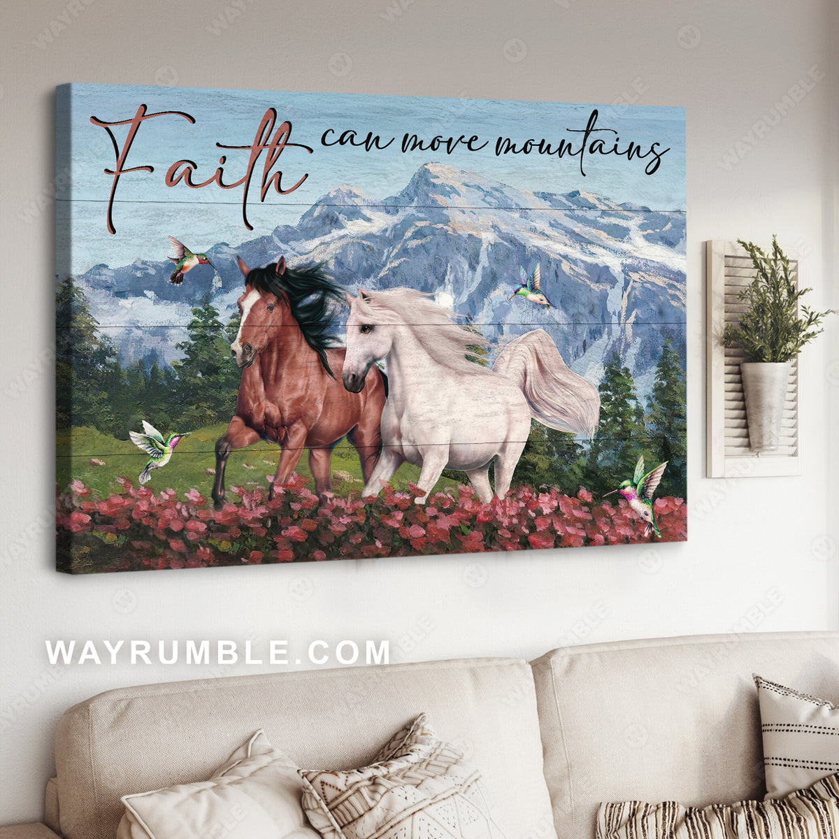 Beautiful horses, Pink flower field, Hummingbird, Faith can move mountains - Jesus Landscape Canvas Prints, Christian Wall Art
