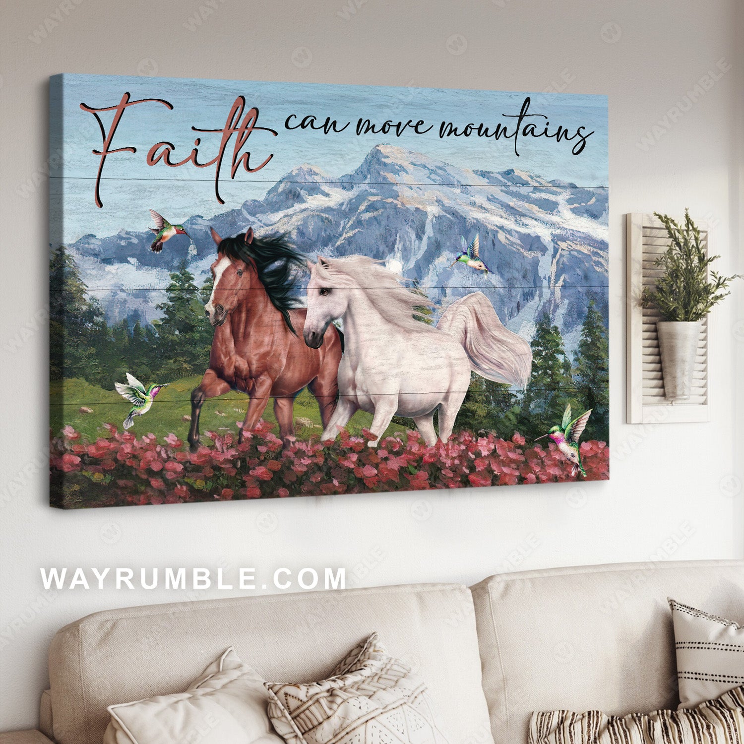 Beautiful horses, Pink flower field, Hummingbird, Faith can move mountains - Jesus Landscape Canvas Prints, Christian Wall Art