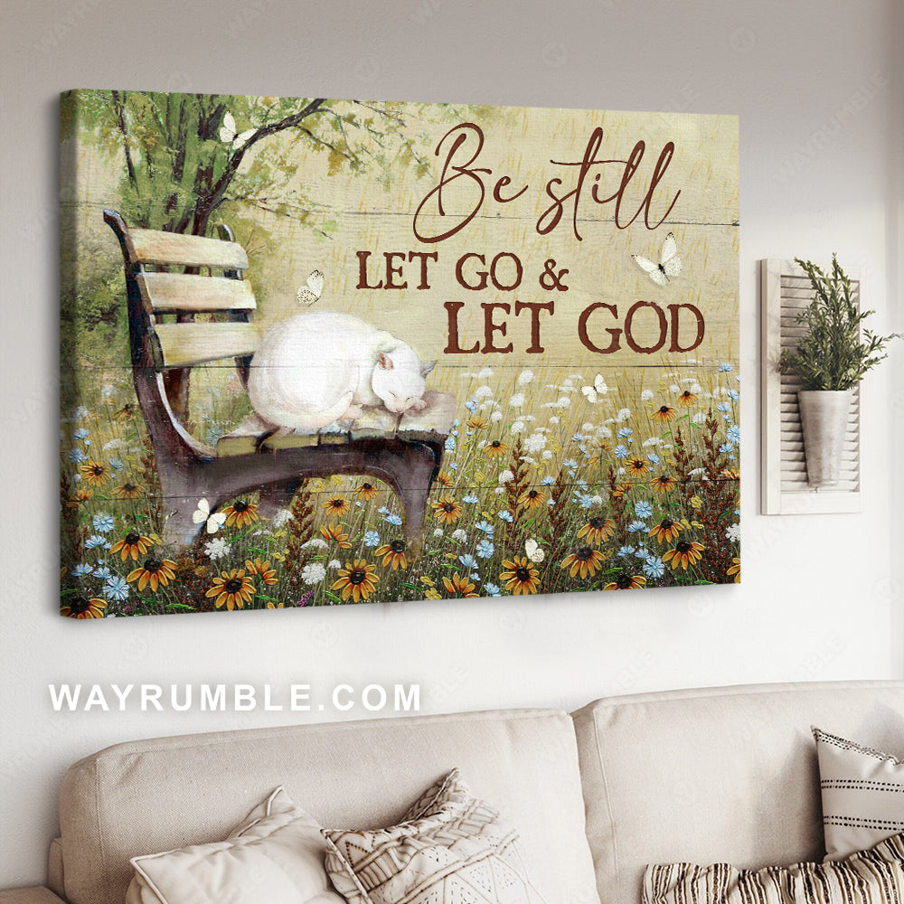 White cat, Baby flower field, Green park, be still let go and let God - Jesus Landscape Canvas Prints, Christian Wall Art