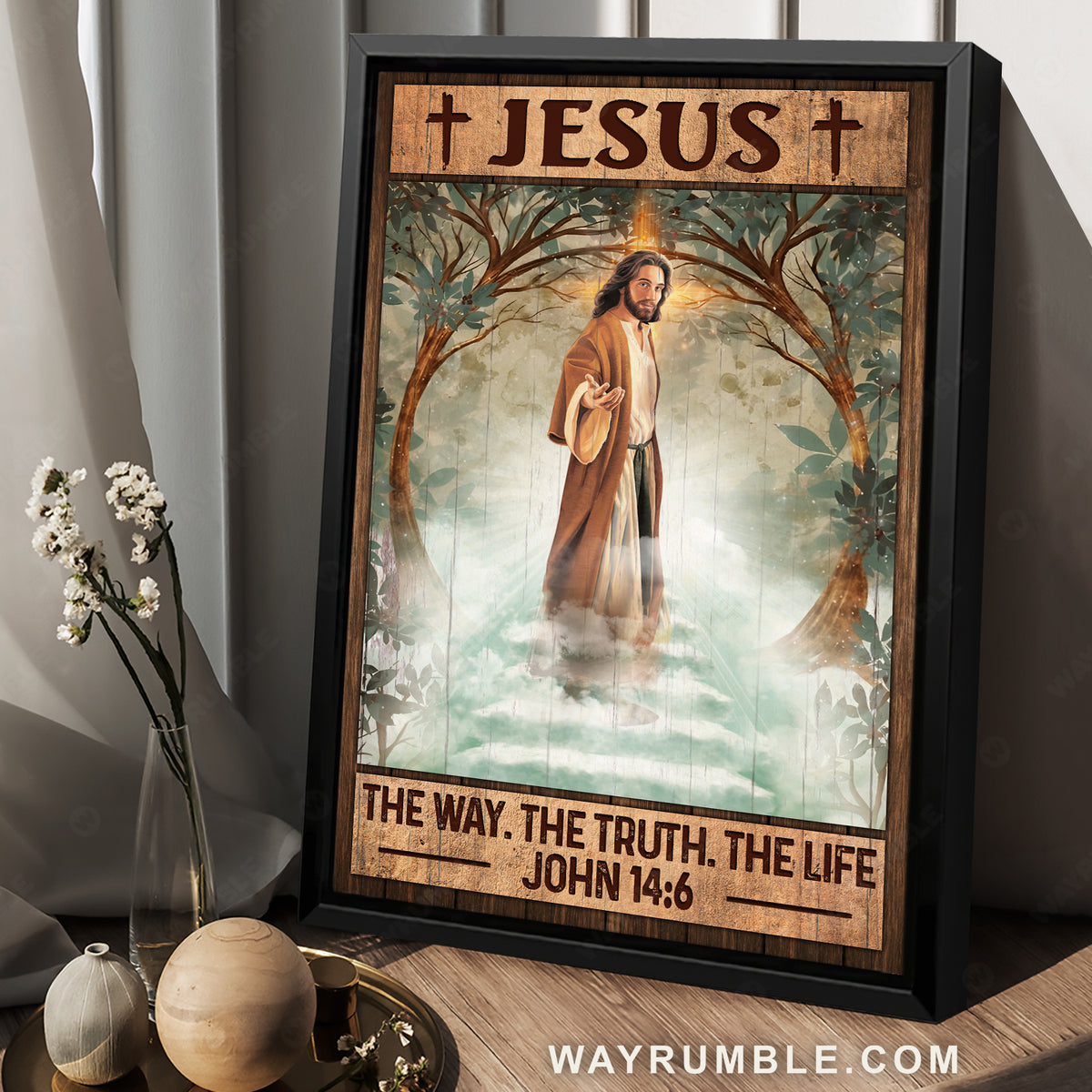 Walking with Jesus, Green forest, Cross, Jesus, The way, The truth, The life - Jesus Portrait Canvas Prints, Christian Wall Art
