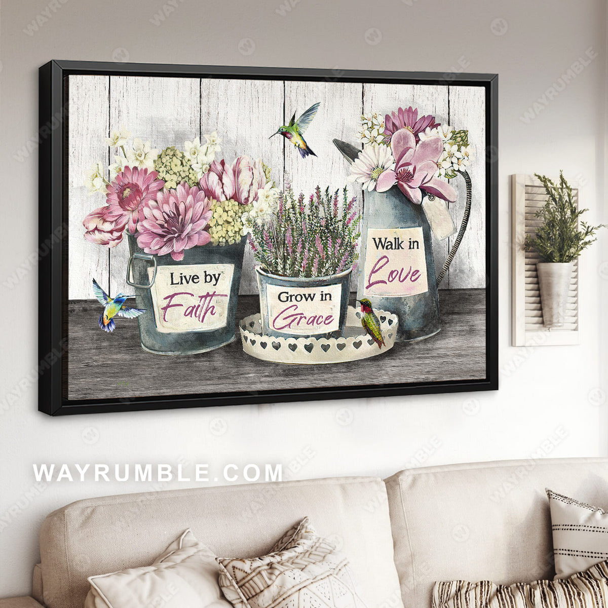 Light pink flower, Lavender drawing, Hummingbird, Live by faith - Jesus Landscape Canvas Prints, Christian Wall Art