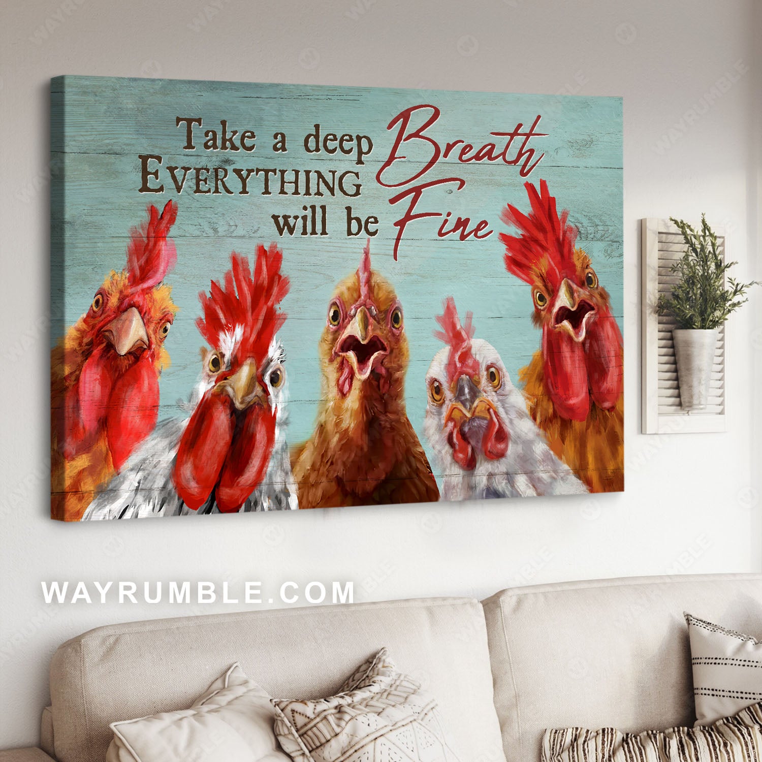 Amazing rooster painting, Peace farm, Take a deep breath, Everything will be fine - Jesus Landscape Canvas Prints, Christian Wall Art