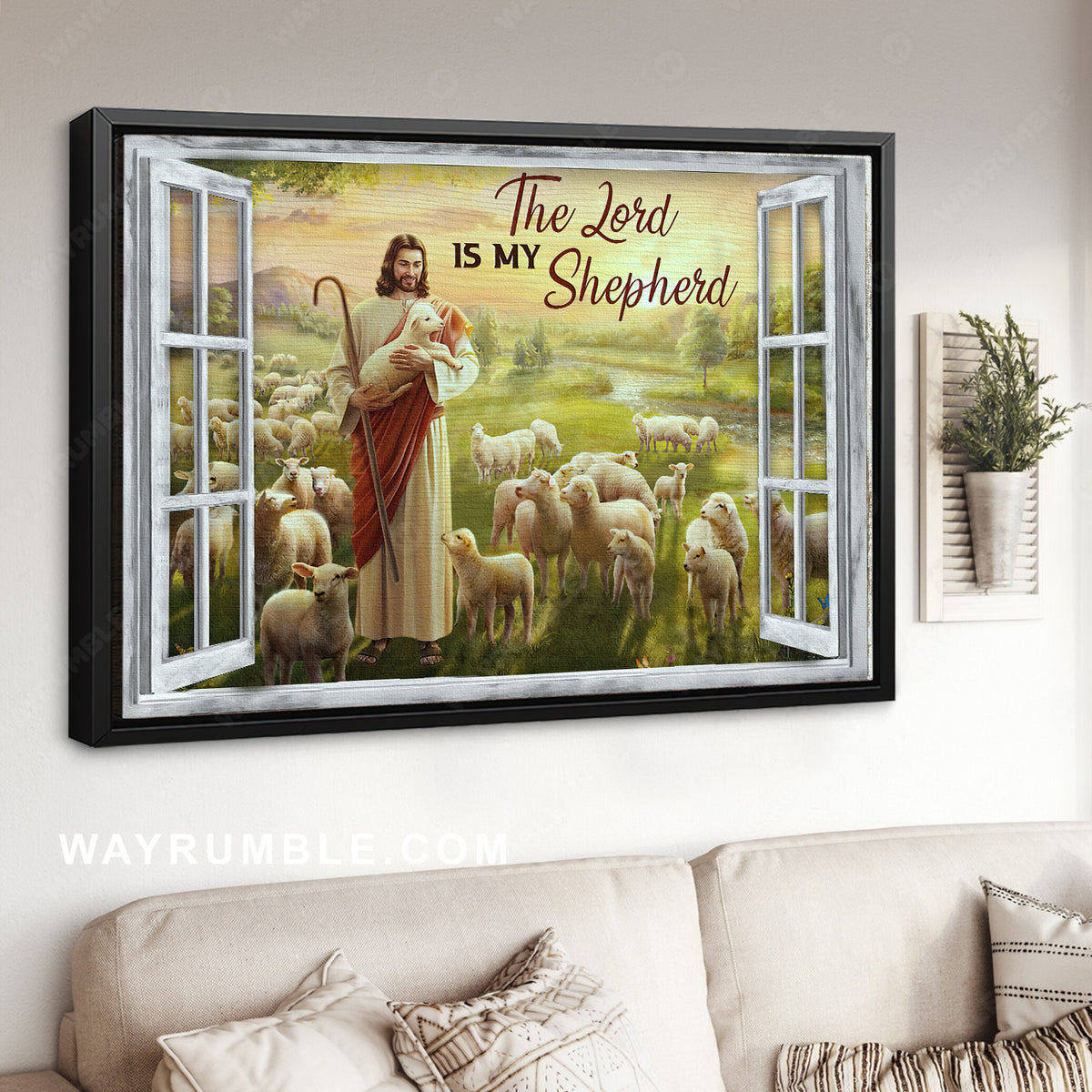 Lamb farm, Green meadow land, White window, Beautiful Jesus artwork - Jesus Landscape Canvas Prints, Home Decor Wall Art