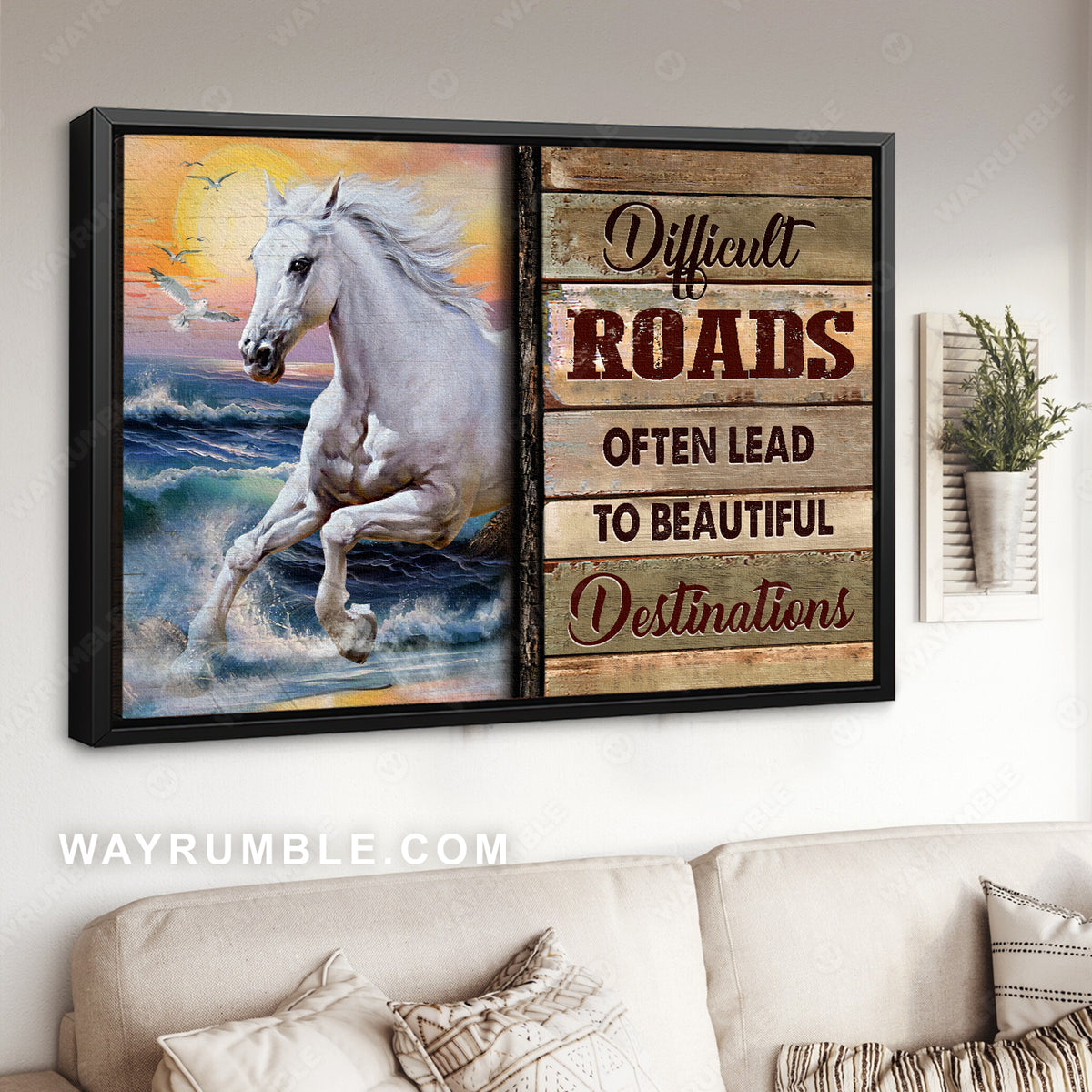 White horse, Blue ocean, Difficult roads often lead to beautiful destinations - Jesus Landscape Canvas Prints, Christian Wall Art
