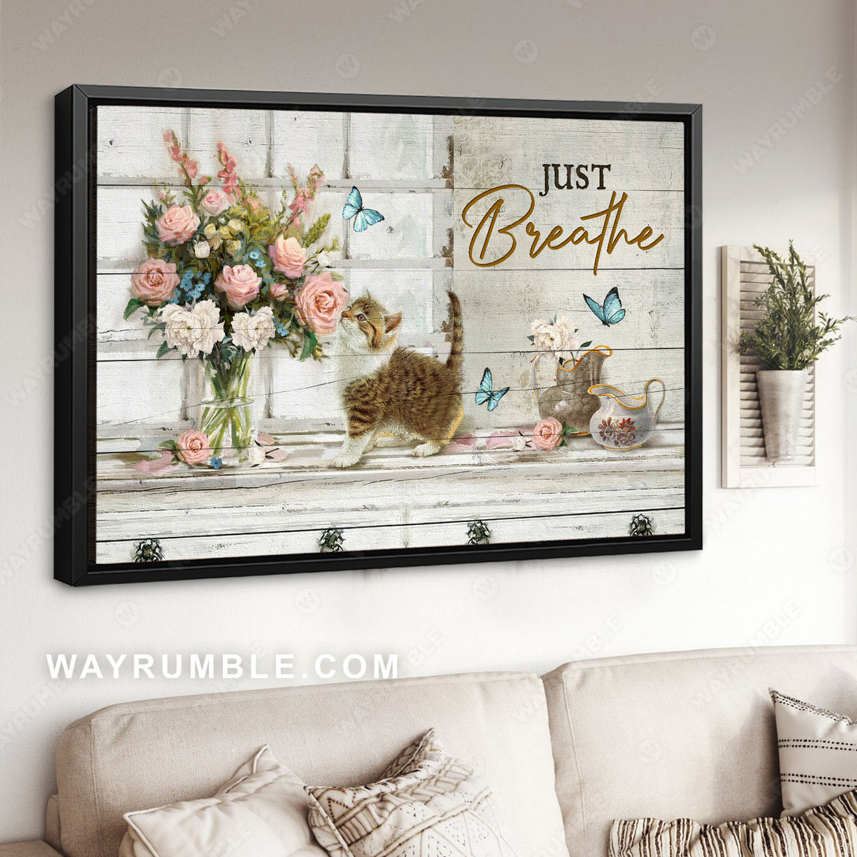 Cat drawing, Blue butterfly, White background, Just breath - Jesus Landscape Canvas Prints, Christian Wall Art