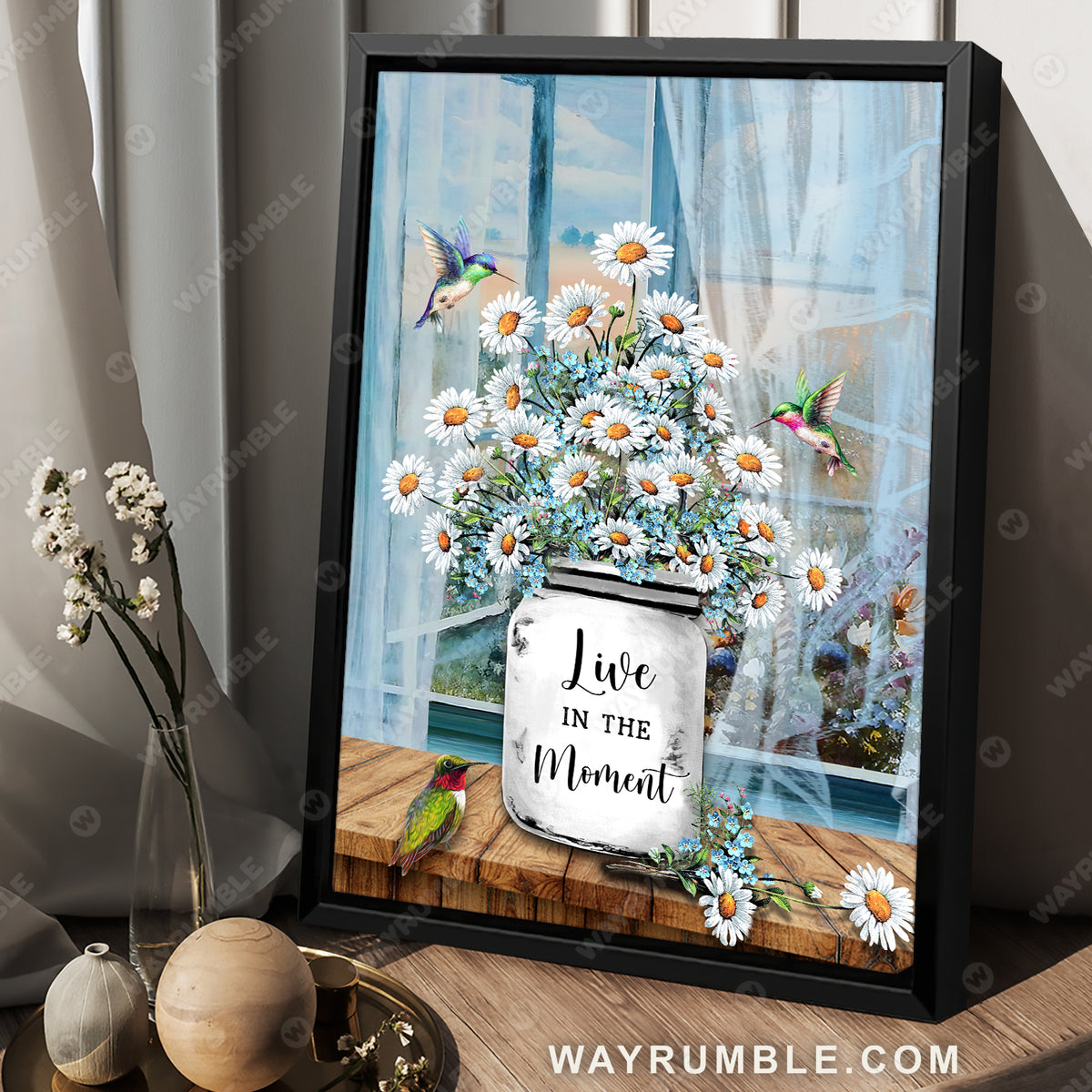 White daisy painting, Colorful hummingbird, Blue window, Live in the moment - Jesus Portrait Canvas Prints, Wall Art