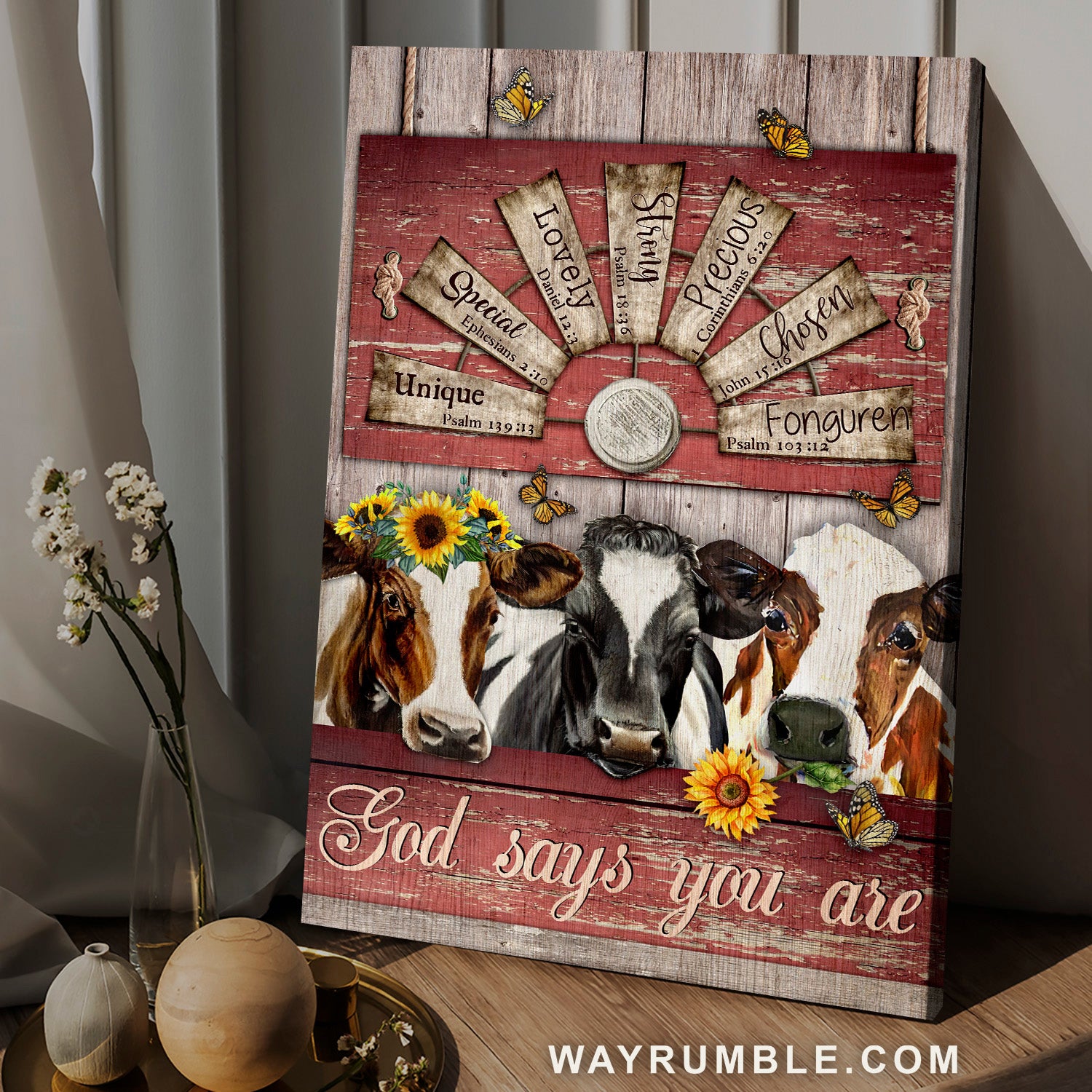 Amazing dairy cow, Sunflower wreath, Windmill, God says you are unique - Jesus Portrait Canvas Prints, Christian Wall Art