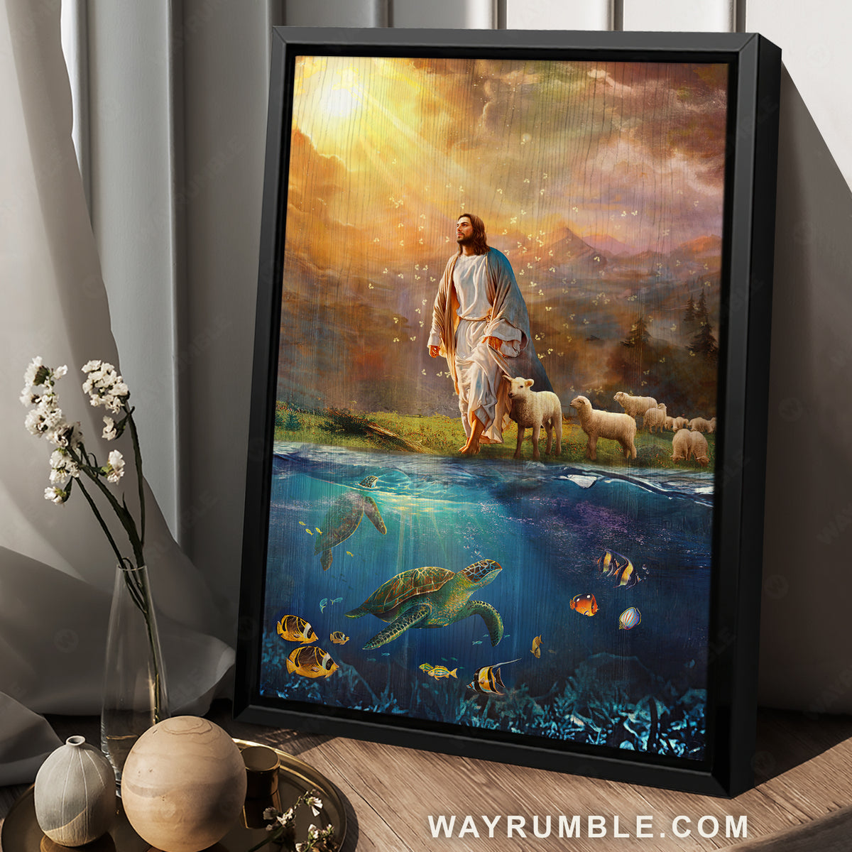 Jesus with animals, Deep ocean, Walking with Jesus - Jesus Portrait Canvas Prints, Christian Wall Art