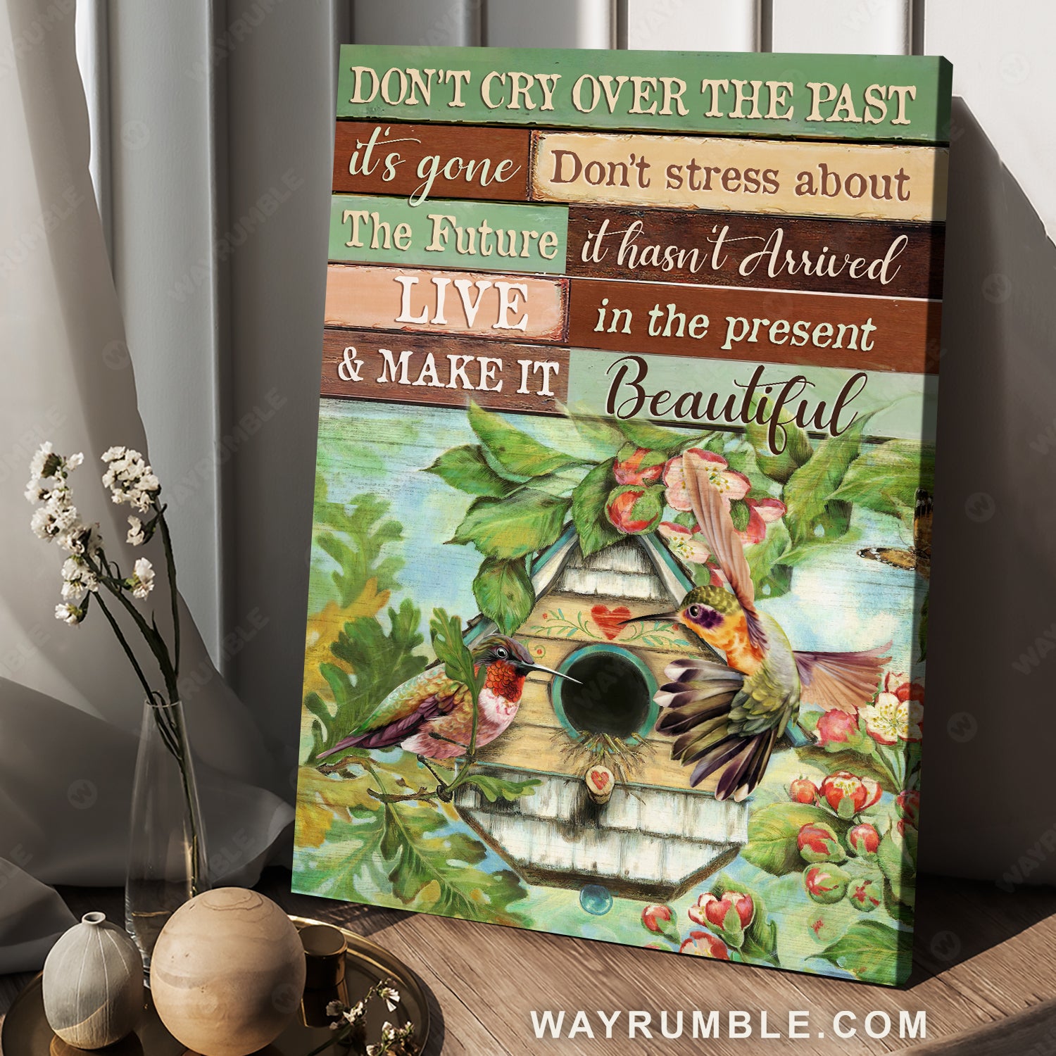 Antique birdhouse, Colorful hummingbird, Spring forest, Don't cry over the past - Jesus Portrait Canvas Prints, Christian Wall Art