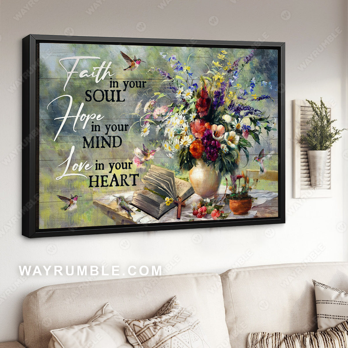Beautiful flower vase, Vintage bible, Hummingbird, Faith in your soul - Jesus Landscape Canvas Prints, Christian Wall Art