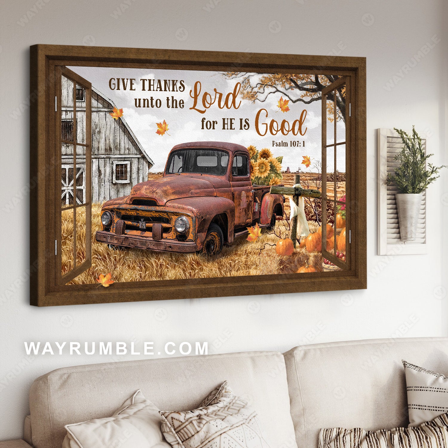 Vintage ladybug car, Sunflower, Pumpkin painting, Give thanks unto the Lord - Jesus Landscape Canvas Prints, Home Decor Wall Art