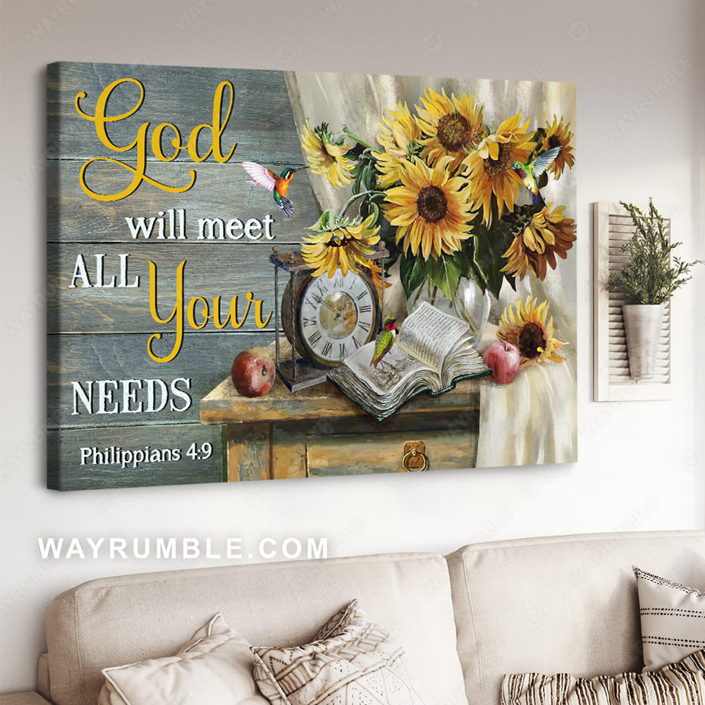 Antique clock, Sunflower vase, Old bible, God will meet all your needs - Jesus Landscape Canvas Prints, Christian Wall Art