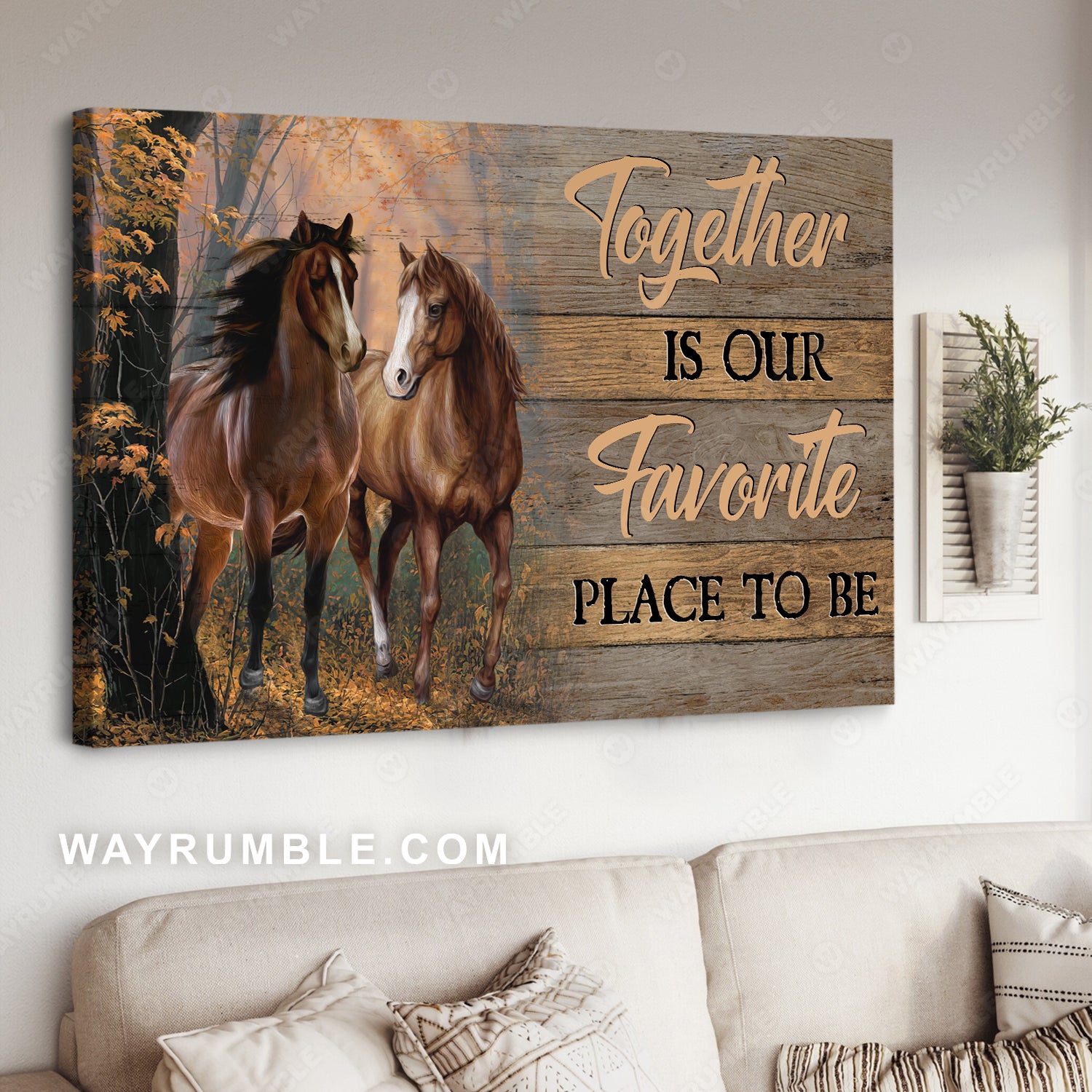 Brown horses, Autumn forest, Together is our favorite place to be - Jesus Landscape Canvas Prints, Christian Wall Art