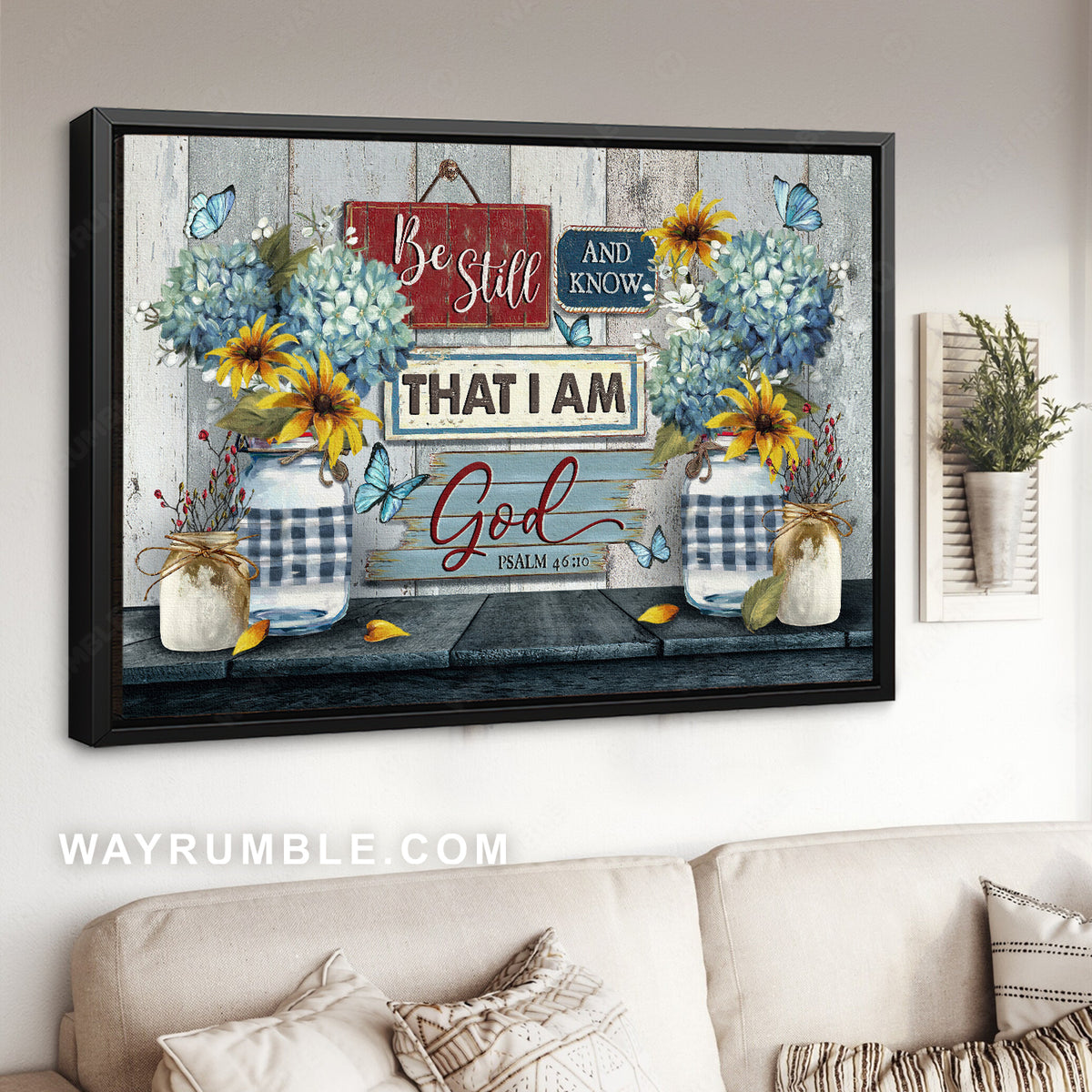 Blue hydrangea, Yellow daisy, Butterfly painting, Be still and know that I am God - Jesus Landscape Canvas Prints, Christian Wall Art