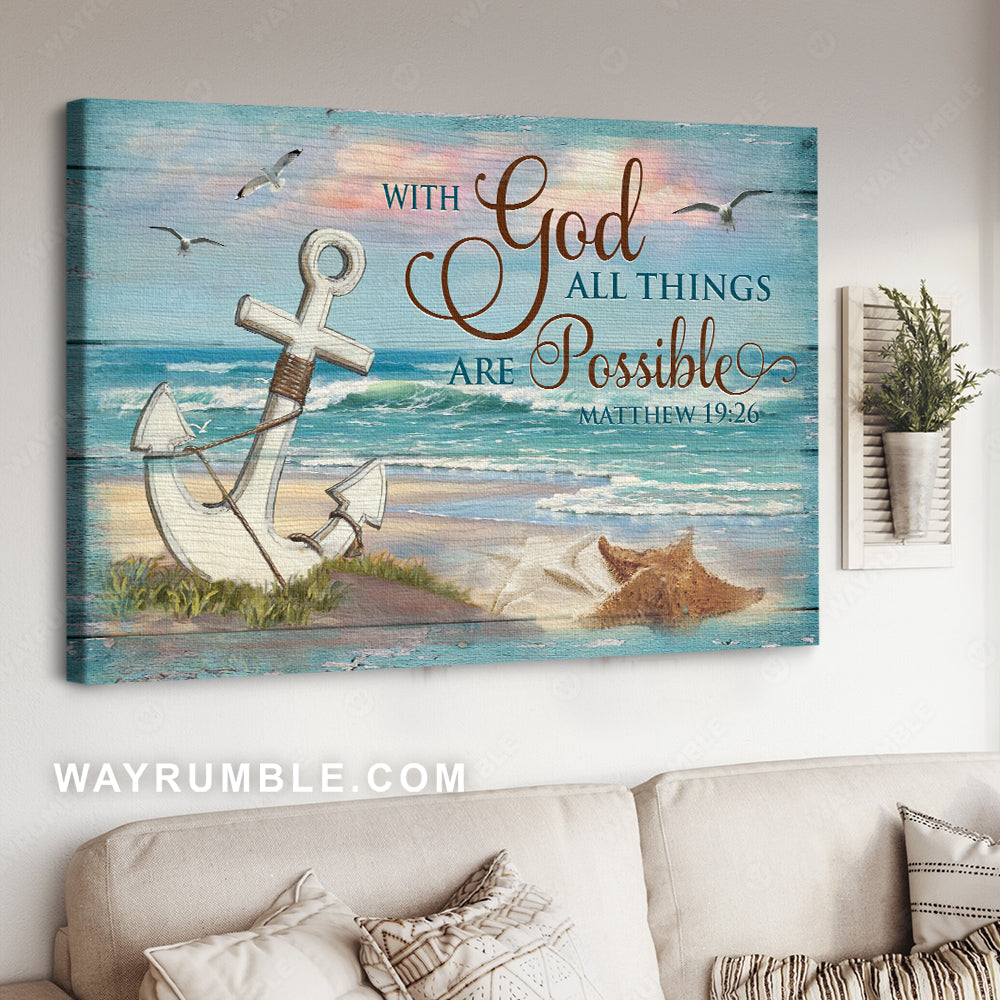 Blue beach painting, White anchor, Sunset, With God all things are possible - Jesus Landscape Canvas Prints, Christian Wall Art
