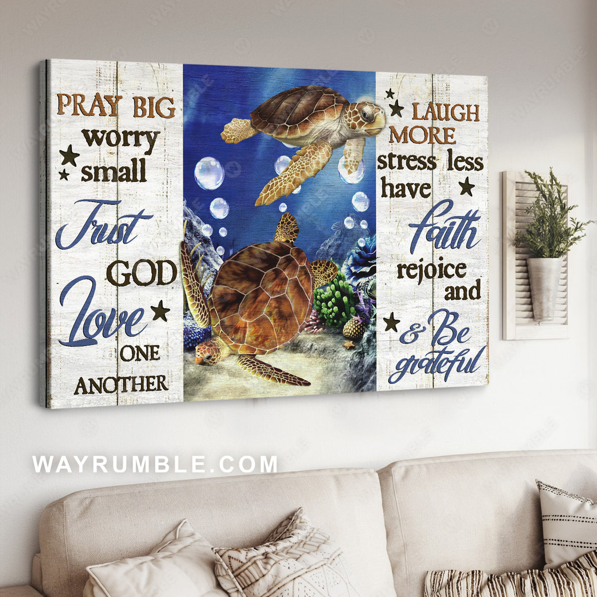 Beautiful sea turtle, Blue ocean, Water bubbles, Pray big, Worry small - Jesus Landscape Canvas Prints, Christian Wall Art