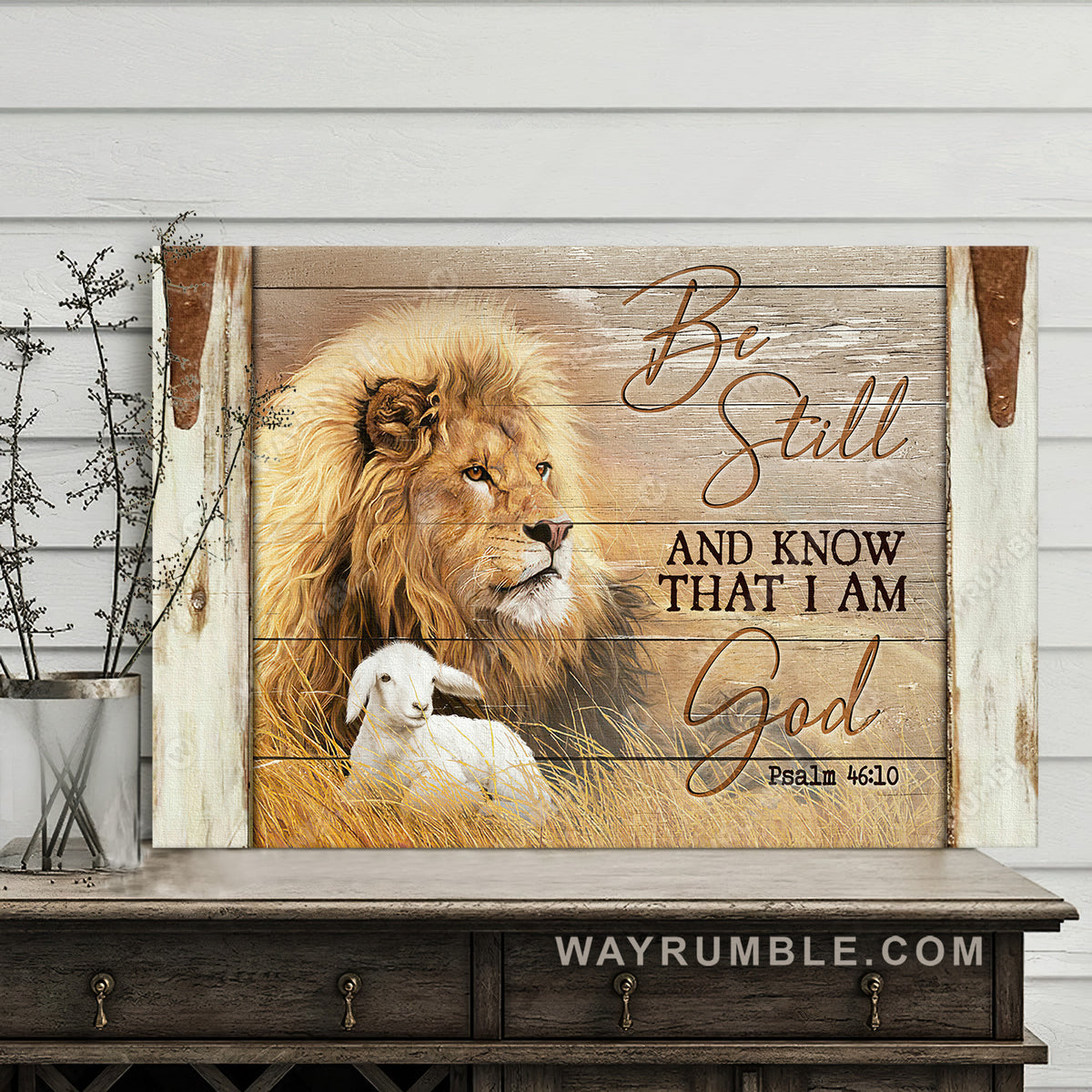 Beautiful lion, Little lamb, Rice field drawing, Be still and know that I am God - Jesus Landscape Canvas Prints, Home Decor Wall Art