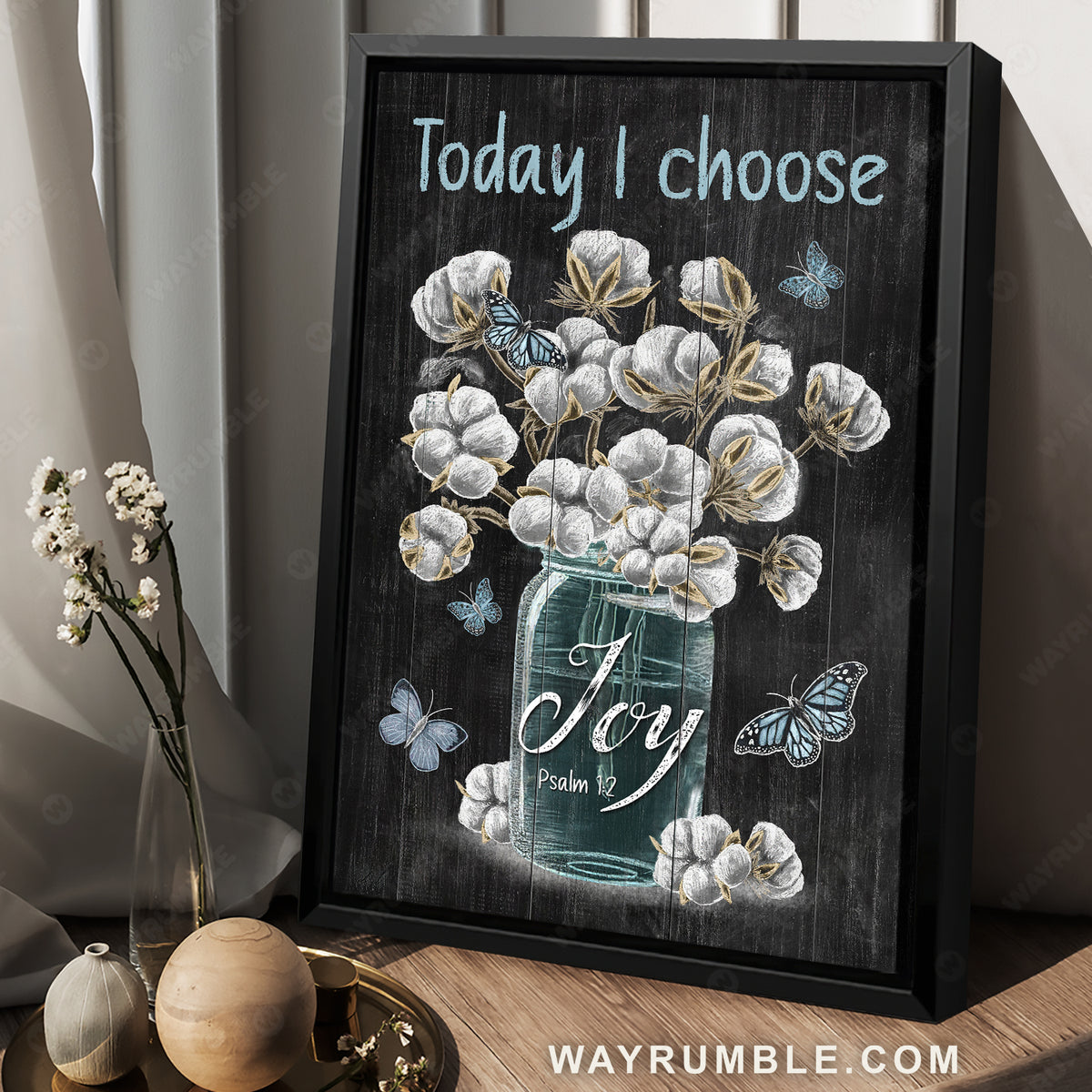 Unique cotton flower painting, Blue butterfly, Today I choose joy - Jesus Portrait Canvas Prints, Home Decor Wall Art