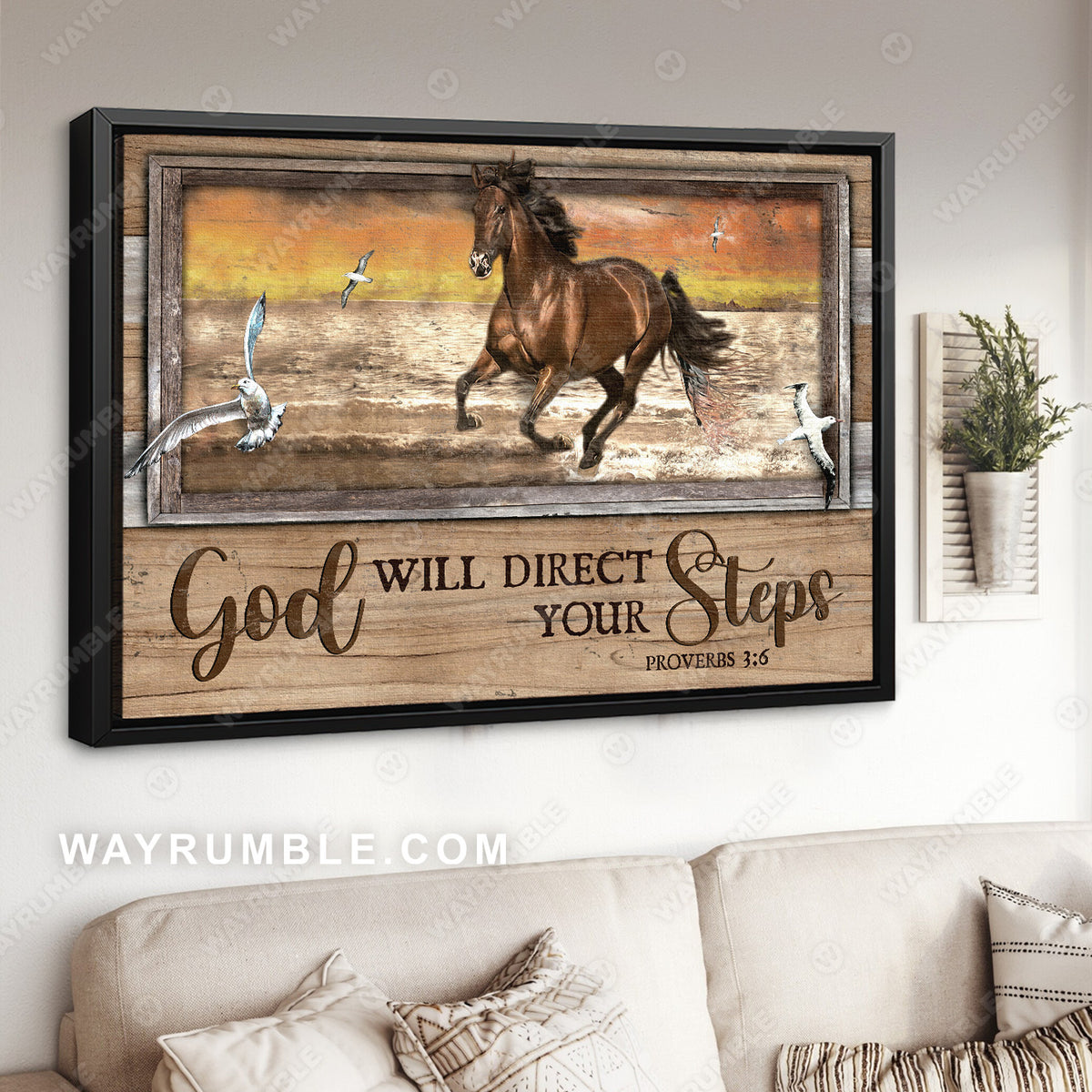 Brown horse, Unique beach painting, God will direct your steps - Jesus Landscape Canvas Prints, Christian Wall Art