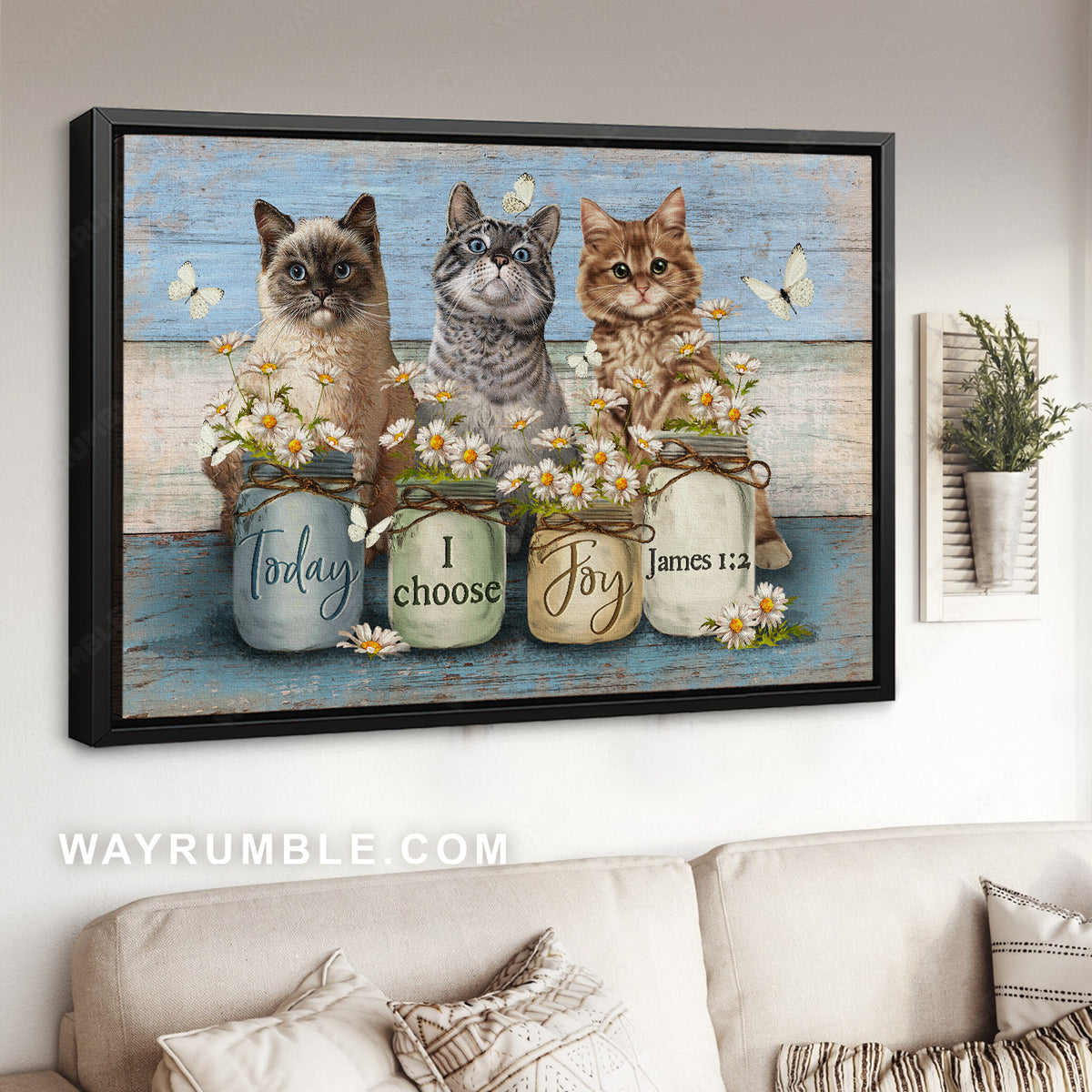 Lovely cat painting, Daisy vase, Butterfly drawing, Today I choose joy - Jesus Landscape Canvas Prints, Christian Wall Art