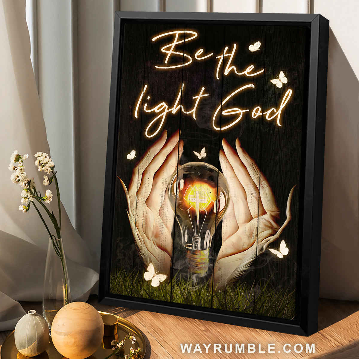 Pretty light bulb, Jesus's hand, White butterfly, Be the light God - Jesus Portrait Canvas Prints, Home Decor Wall Art
