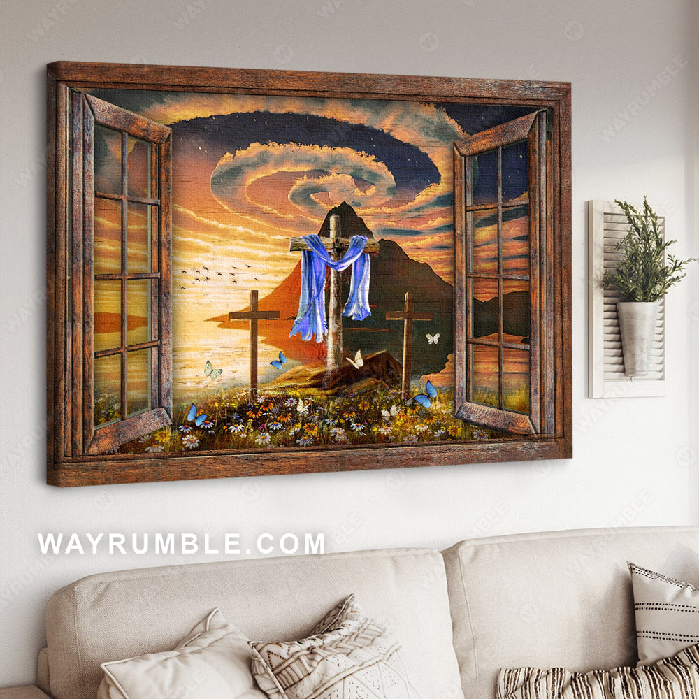 Beautiful halo, Orange sunset, Wooden cross, Window - Jesus Landscape Canvas Prints, Christian Wall Art