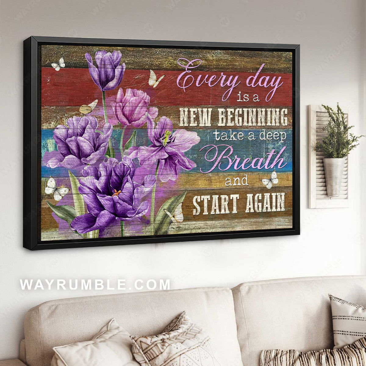 Purple flower drawing, Butterfly painting, Every day is a new beginning - Jesus Landscape Canvas Prints, Christian Wall Art