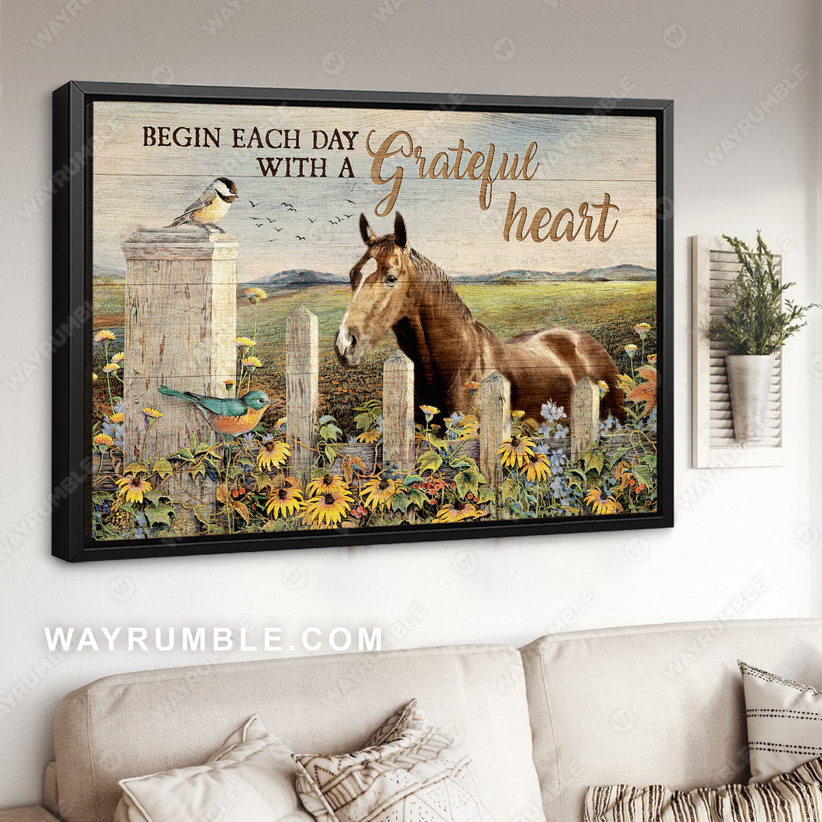 Yellow daisy field, Quarter horse, Sparrow drawing, Begin each day with a grateful heart - Jesus Landscape Canvas Prints, Christian Wall Art