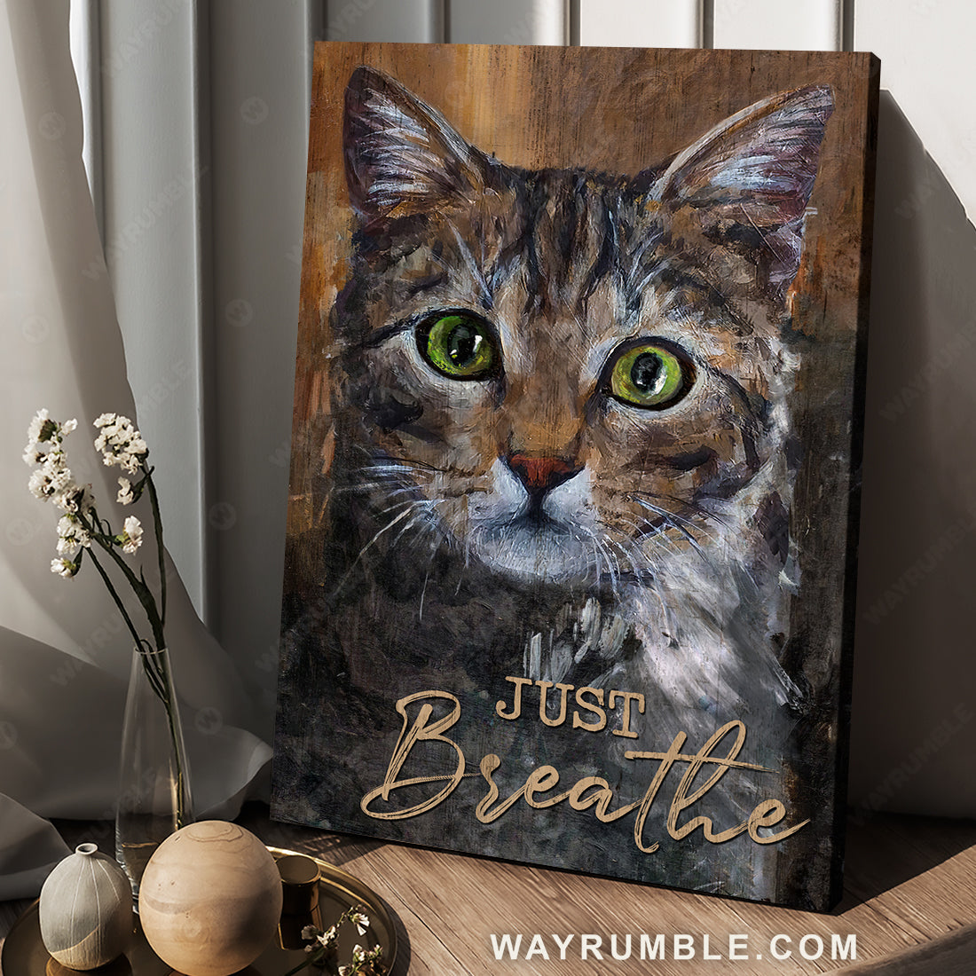 Cute cat painting, Green eyes, Cat lover, Just breathe - Jesus Portrait Canvas Prints, Christian Wall Art