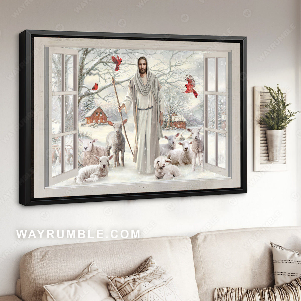 Lamb farm, Winter forest, Red cardinal, Walking with Jesus - Jesus Landscape Canvas Prints, Home Decor Wall Art