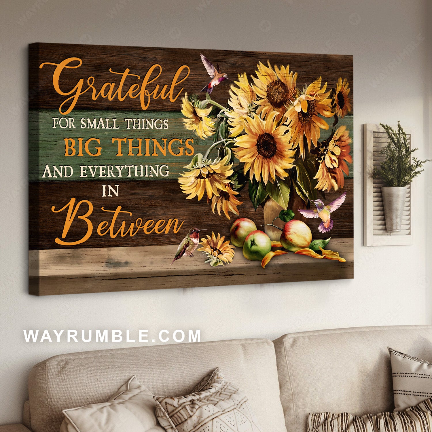 Still life painting, Sunflower vase, Lovely hummingbird, Grateful for small things - Jesus Landscape Canvas Prints, Home Decor Wall Art