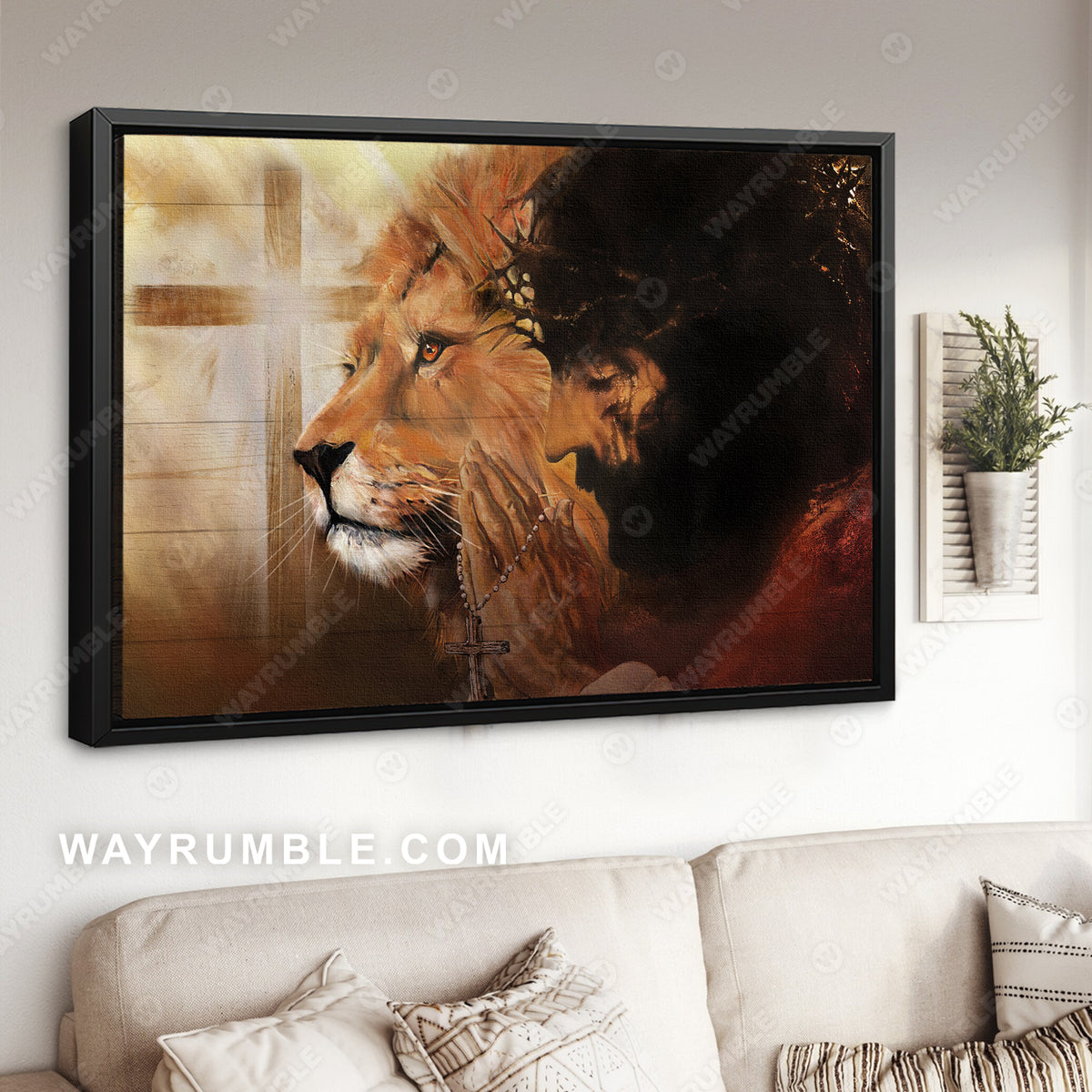 Beautiful lion, Real face of Jesus, Cross symbol, Pray for healing - Jesus Landscape Canvas Prints, Christian Wall Art