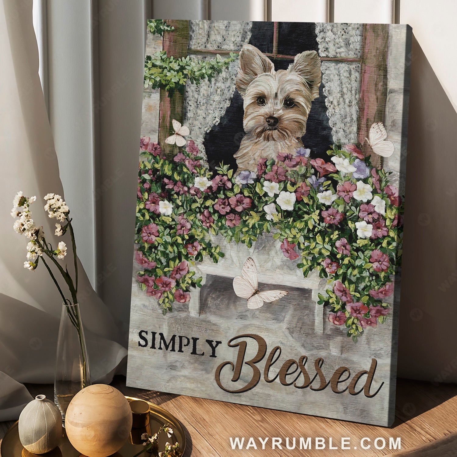 Yorkshire Terrier dog, Beautiful flower garden, Butterfly, Simply blessed - Jesus Portrait Canvas Prints, Christian Wall Art