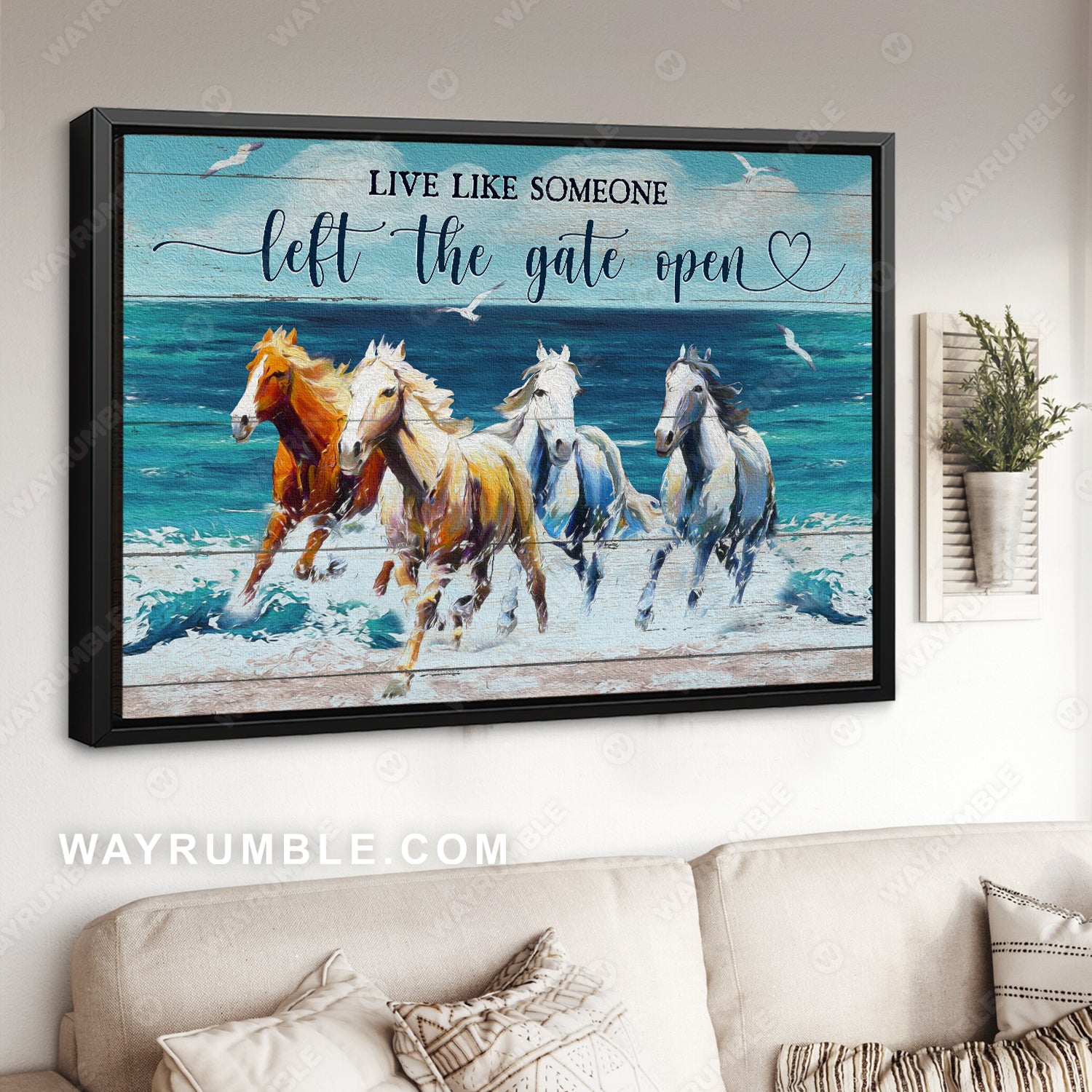 Running horses, Blue ocean, Seagull, Live like someone left the gate open - Jesus Landscape Canvas Prints, Christian Wall Art