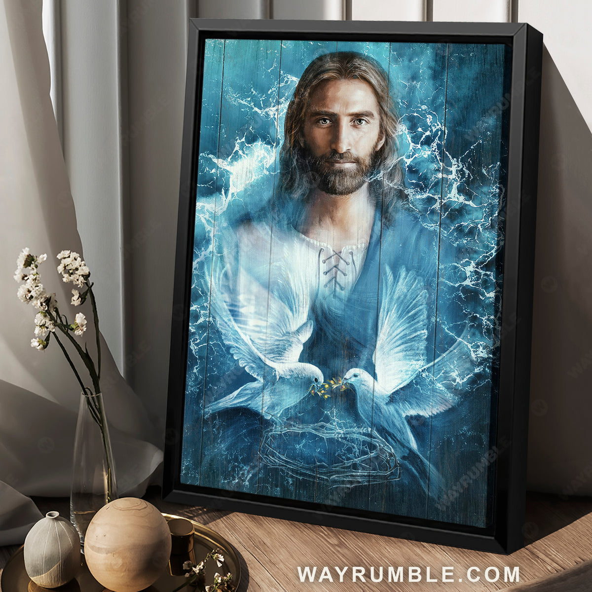Jesus painting, Bird couple, Blue water - Jesus Portrait Canvas Prints, Christian Wall Art