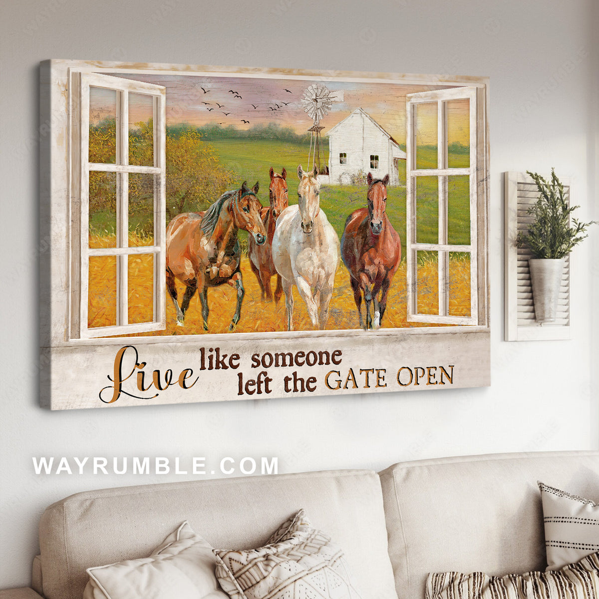 Beautiful meadow land, Quarter horse, Windmill, Live like someone left the gate open - Jesus Landscape Canvas Prints, Christian Wall Art