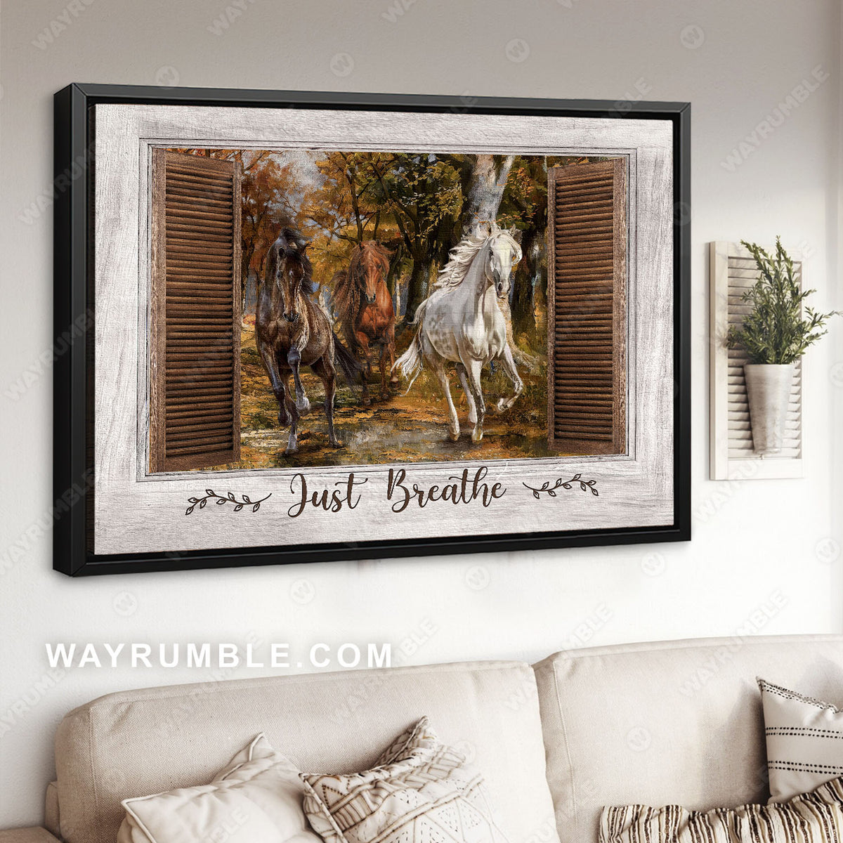 Crazy horses, Autumn forest, Wooden window, Sunny day, Just breathe - Jesus Landscape Canvas Prints, Christian Wall Art