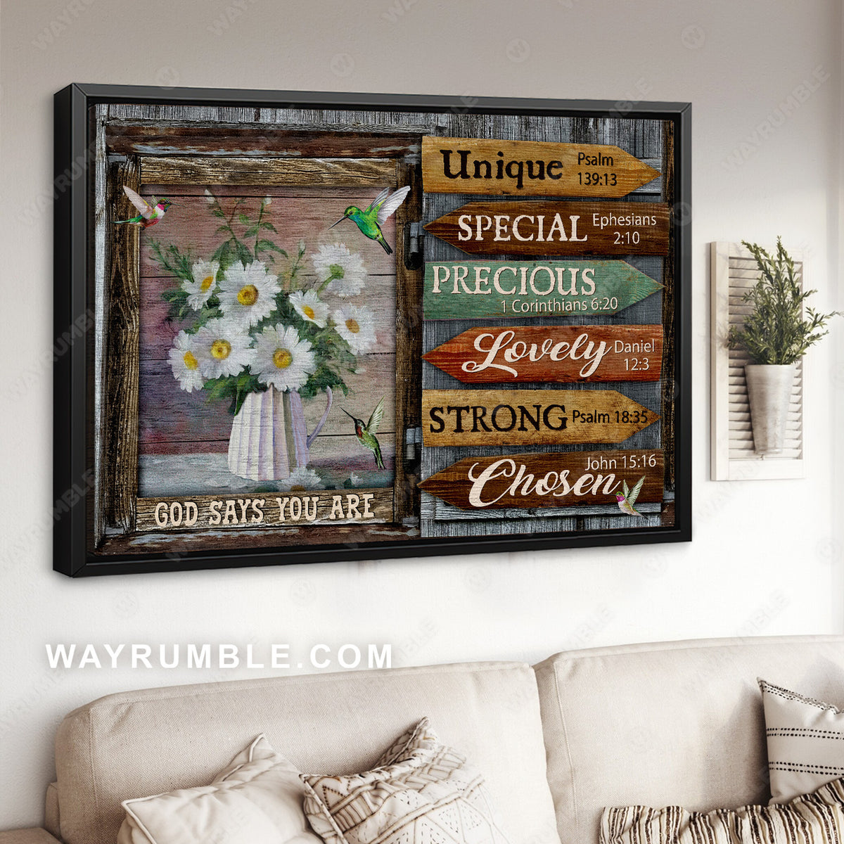 Cute daisy vase, Hummingbird drawing, God says you are unique - Jesus Landscape Canvas Prints, Christian Wall Art