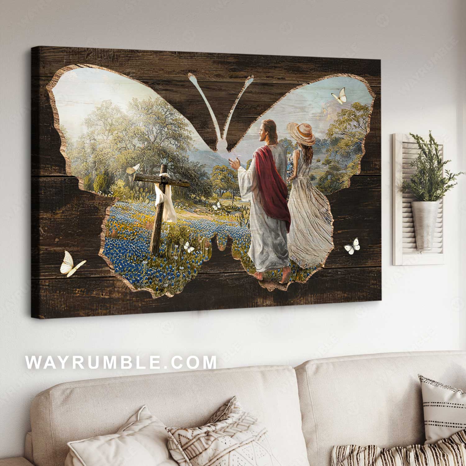 Butterfly frame, Jesus painting, Beautiful girl, Wooden cross - Jesus Landscape Canvas Prints, Home Decor Wall Art