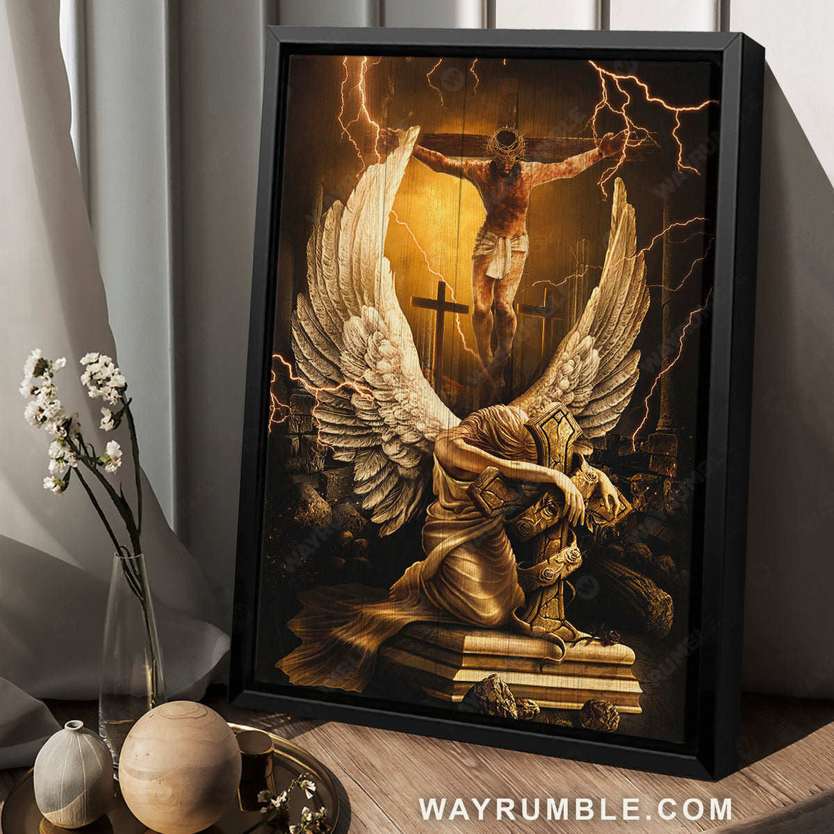 Stunning angel wings, Jesus on the cross, Amazing thunder - Jesus Portrait Canvas Prints, Christian Wall Art