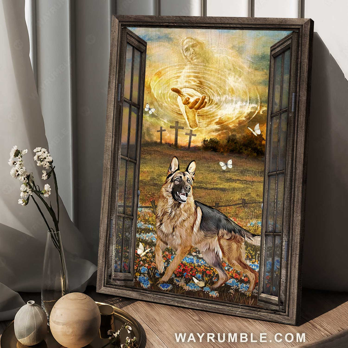 Jesus calls, German Shepherd drawing, Blue flower field, Old farm - Jesus Portrait Canvas Prints, Christian Wall Art