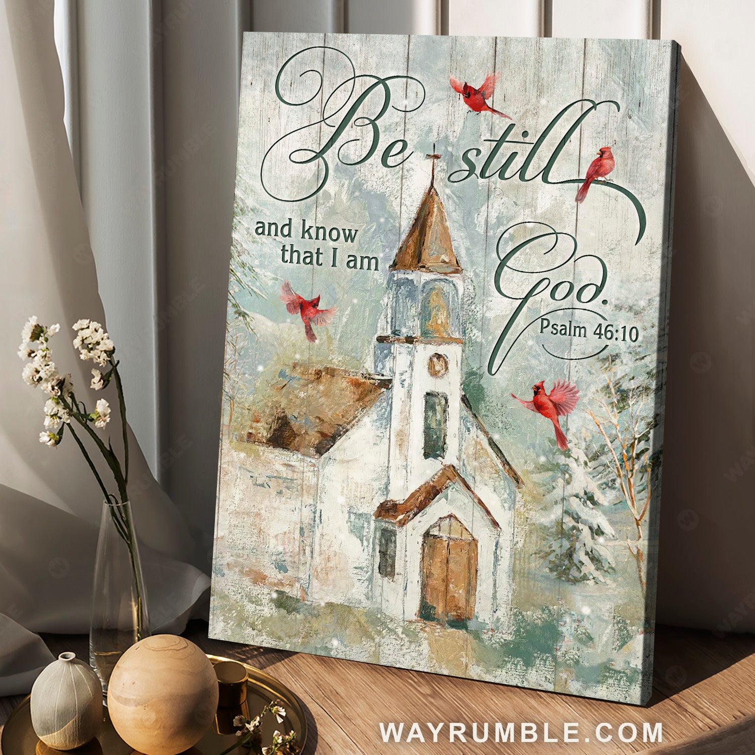 Winter painting, Lovely cardinal, Beautiful Church, Be still and know that I am God - Jesus Portrait Canvas Prints, Christian Wall Art