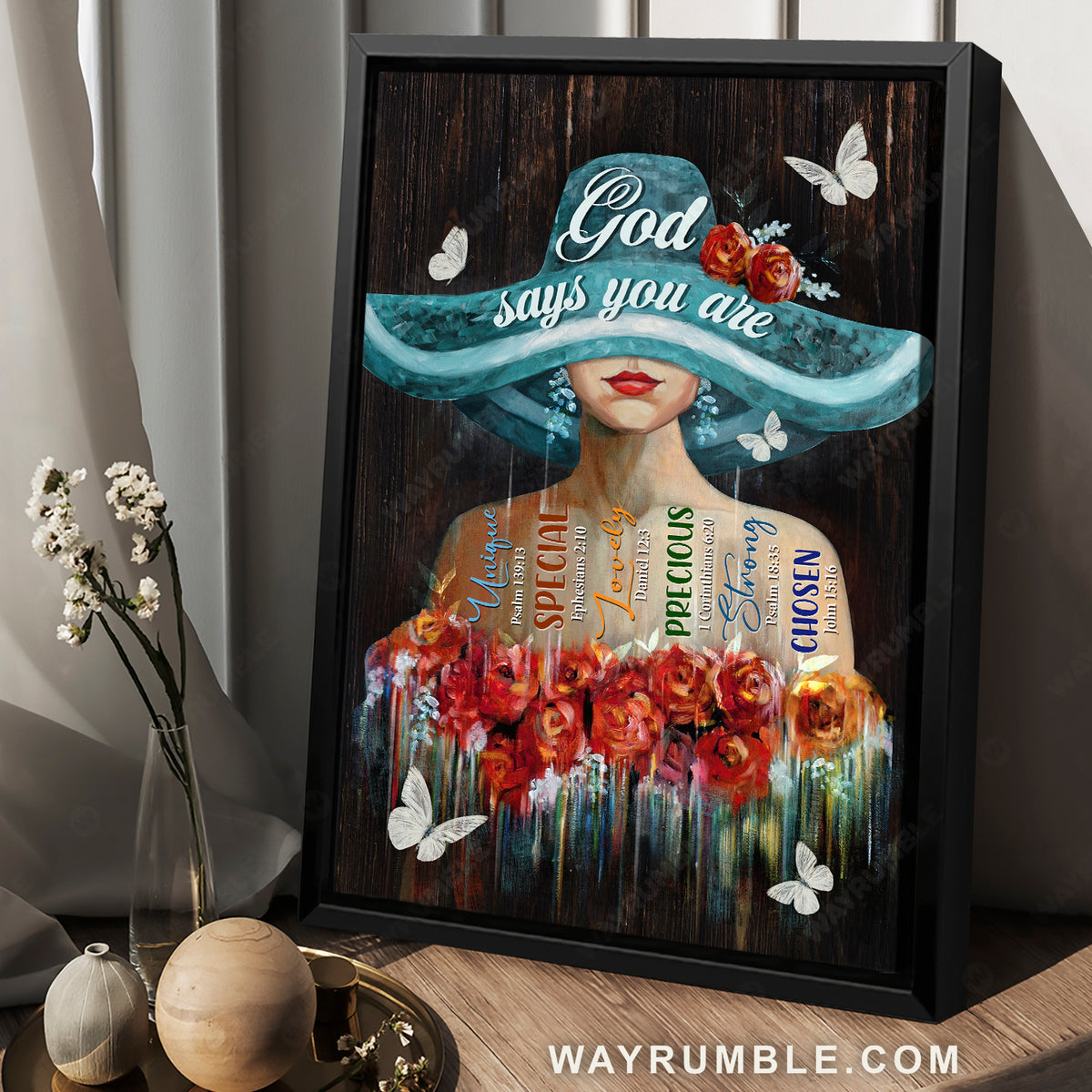 Mystic girl, Red rose flower, Amazing hat, God says you are unique - Jesus Portrait Canvas Prints, Christian Wall Art