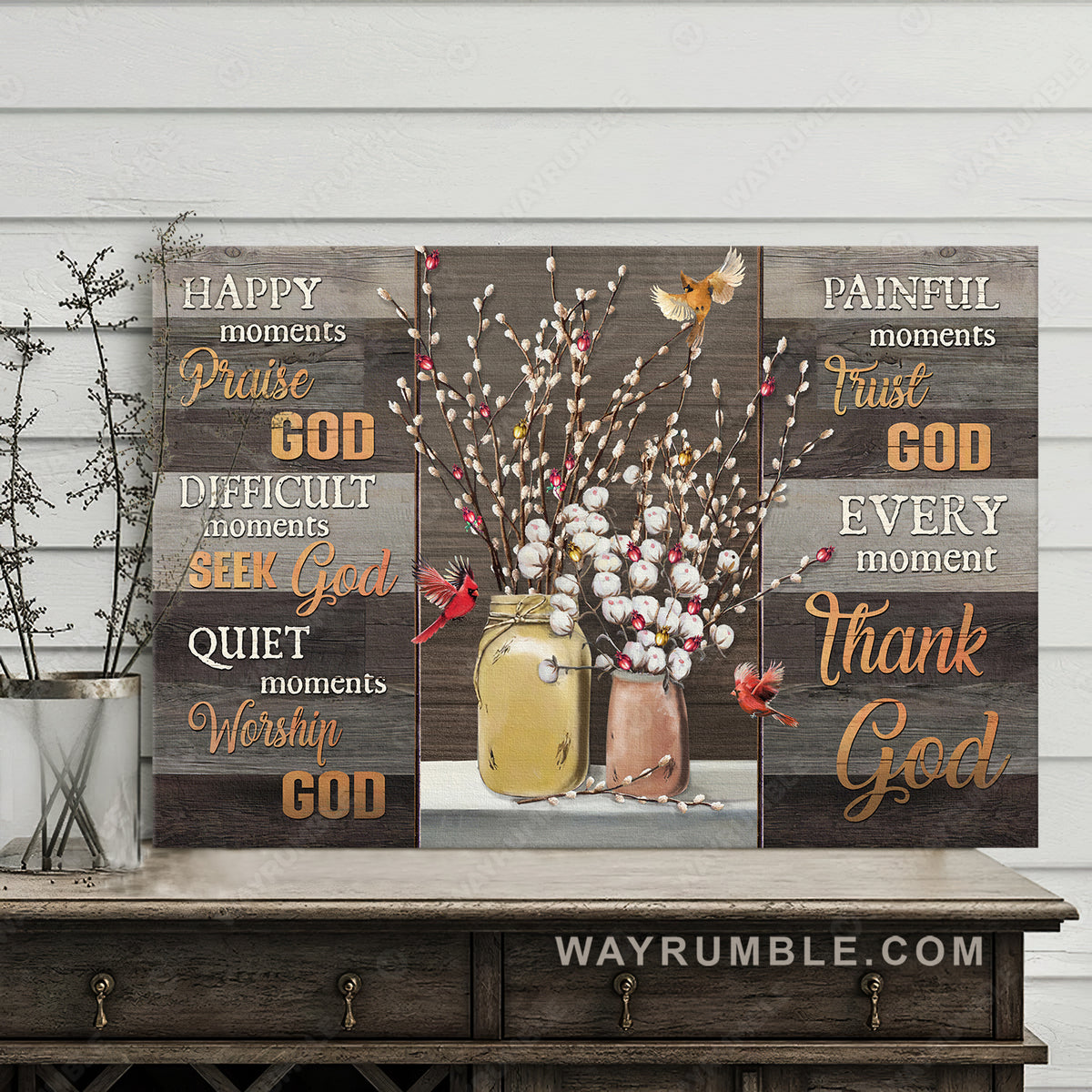 White cotton flower, Lucky cardinal, Every moment, Thank God - Jesus Landscape Canvas Prints, Christian Wall Art