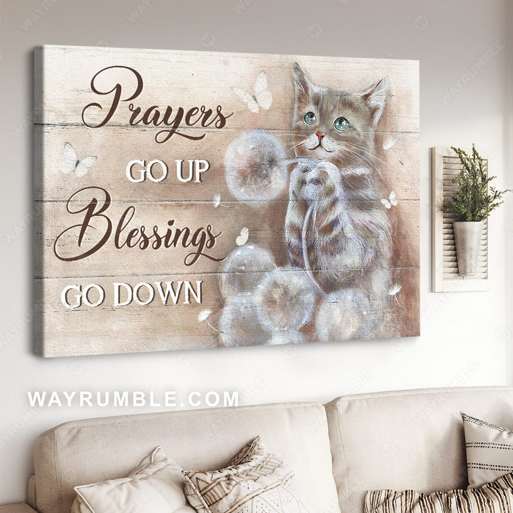 Brown cat drawing, Dandelion field, Prayers go up, Blessings go down - Jesus Landscape Canvas Prints, Christian Wall Art