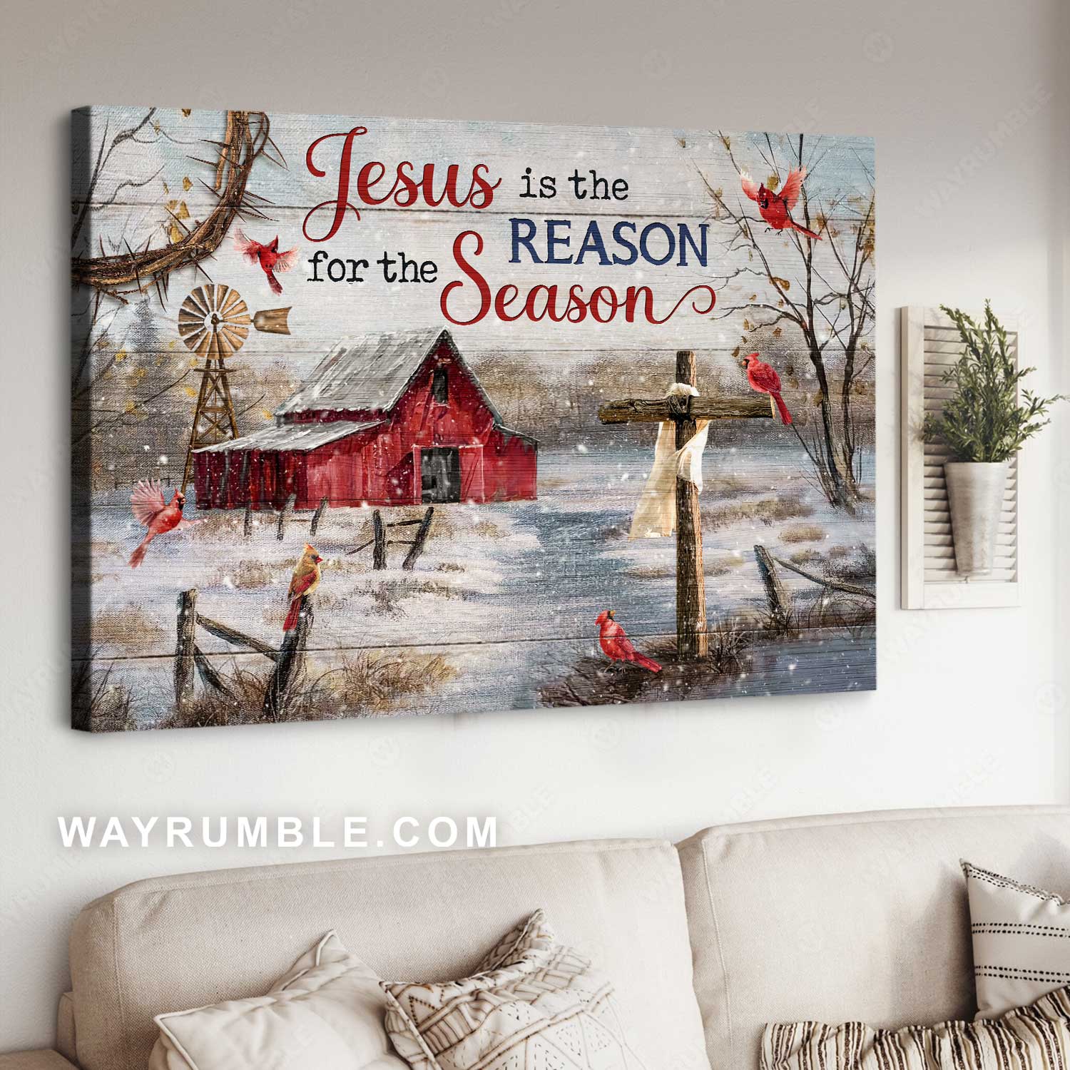 Red house, Watercolor cardinal, Cross, Jesus is the reason for the season - Jesus Landscape Canvas Prints, Home Decor Wall Art