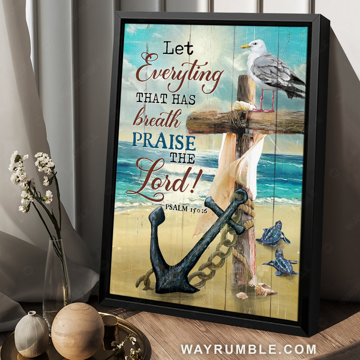 Antique anchor, Wooden cross, Pretty seagull, Let everything that has breath - Jesus Portrait Canvas Prints, Christian Wall Art