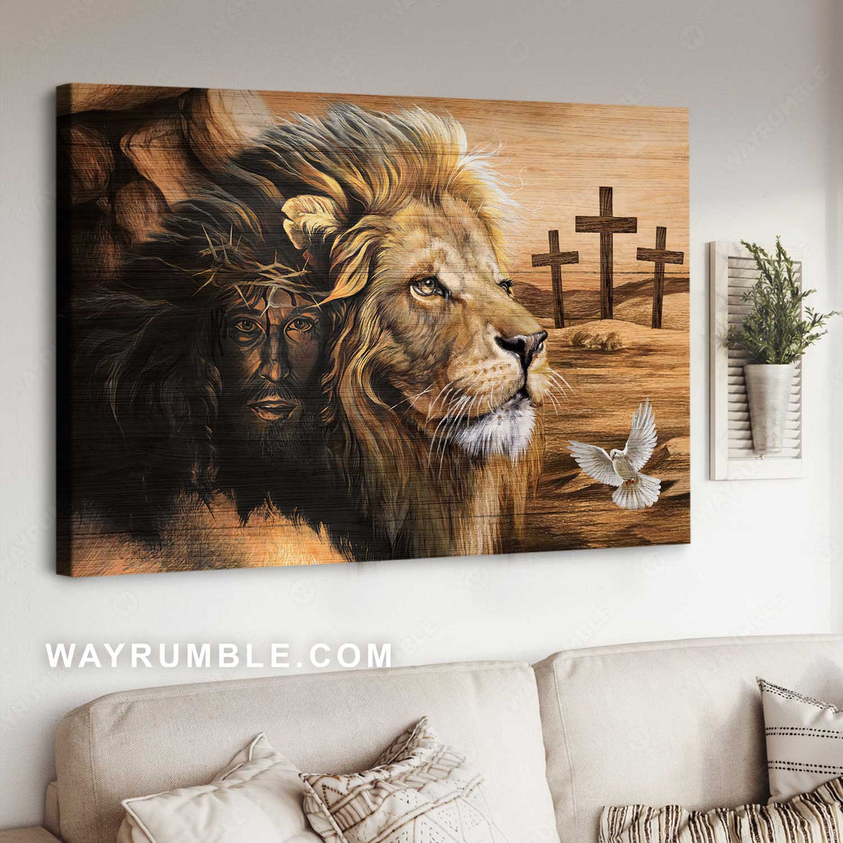 Unique Jesus face, Lion of Judah, Lovely dove, Wooden cross - Jesus Landscape Canvas Prints, Home Decor Wall Art