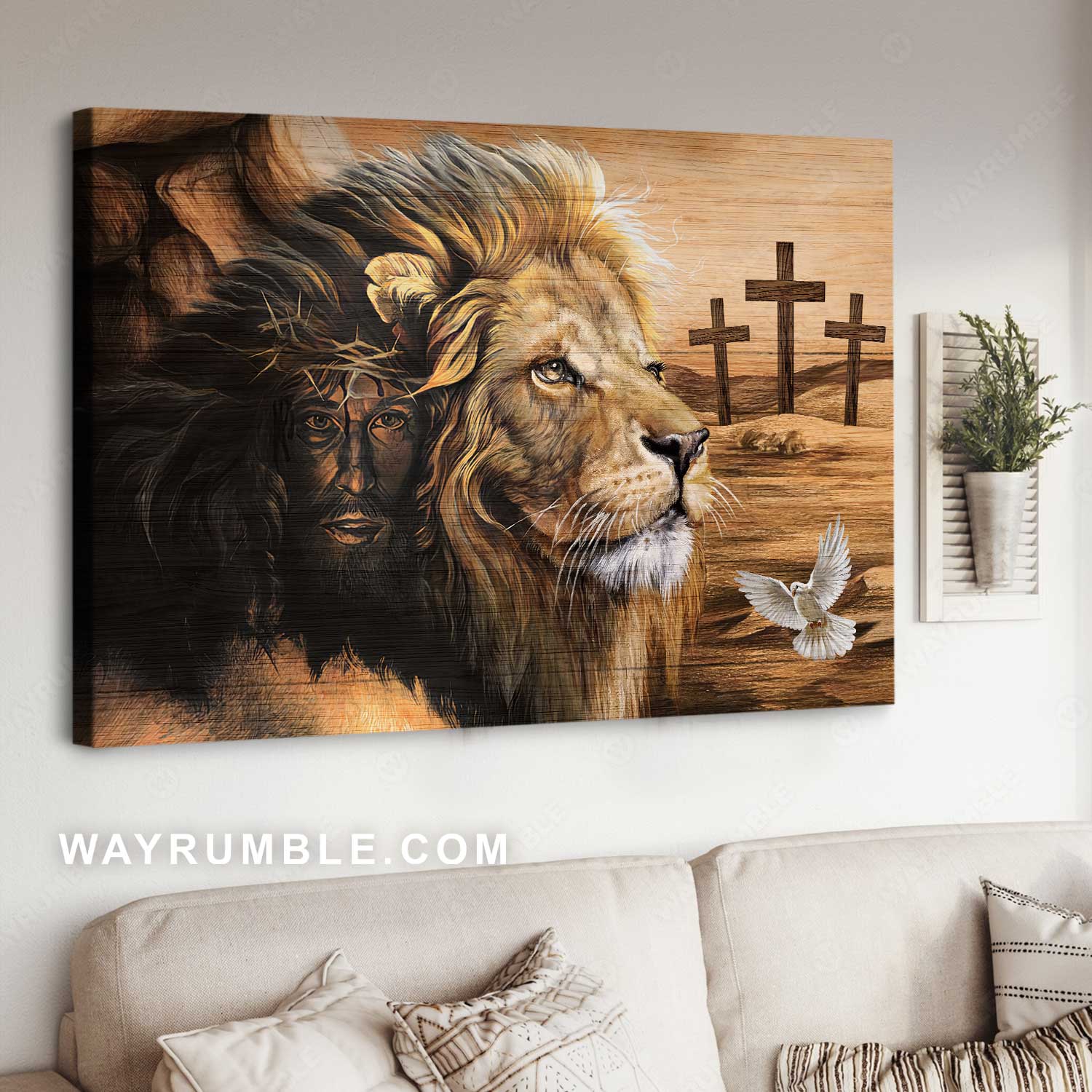 Unique Jesus face, Lion of Judah, Lovely dove, Wooden cross - Jesus Landscape Canvas Prints, Home Decor Wall Art
